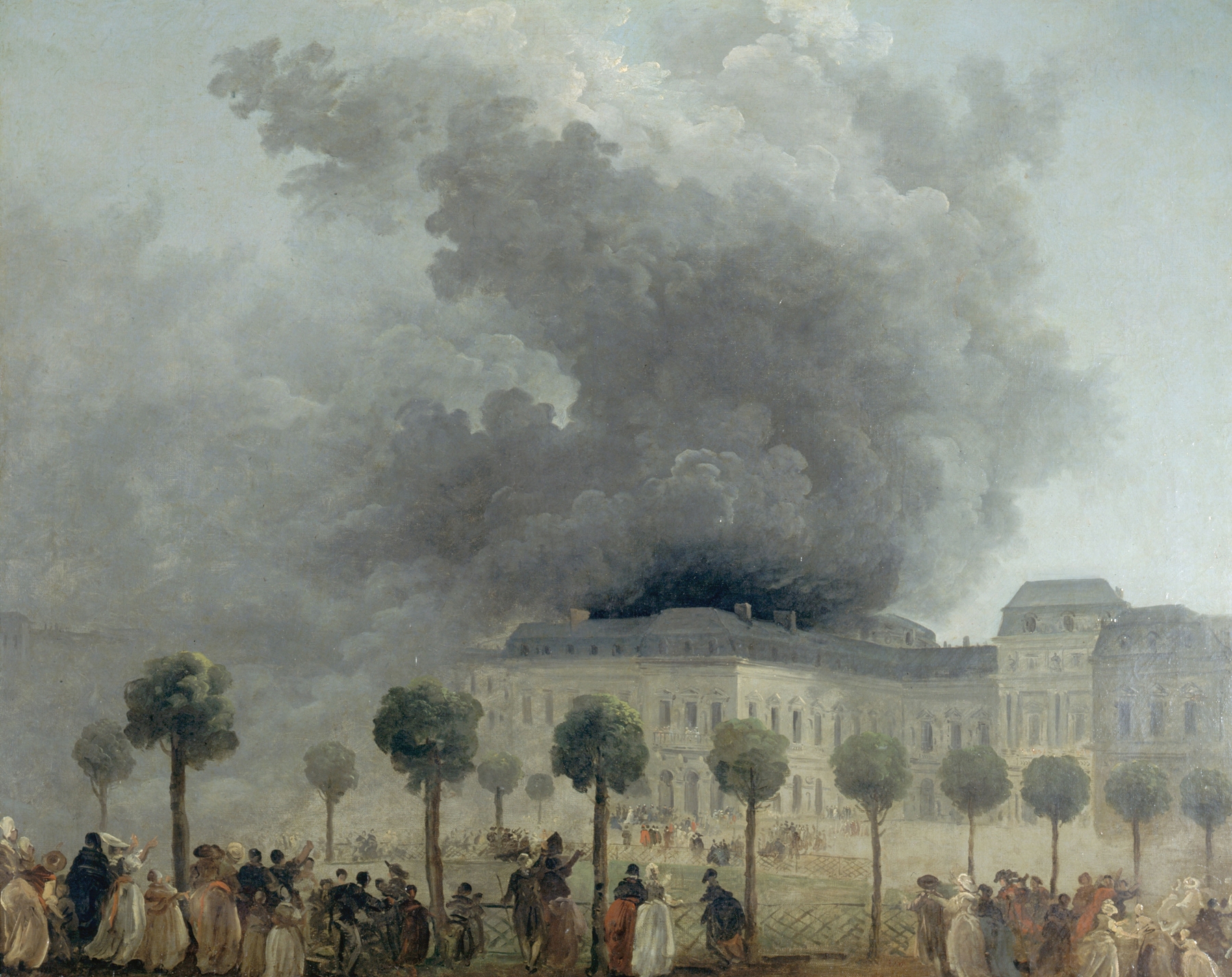 L’incendie de l’Opéra, vu des jardins du Palais-Royal, le 8 juin 1781, by Hubert Robert, public domain