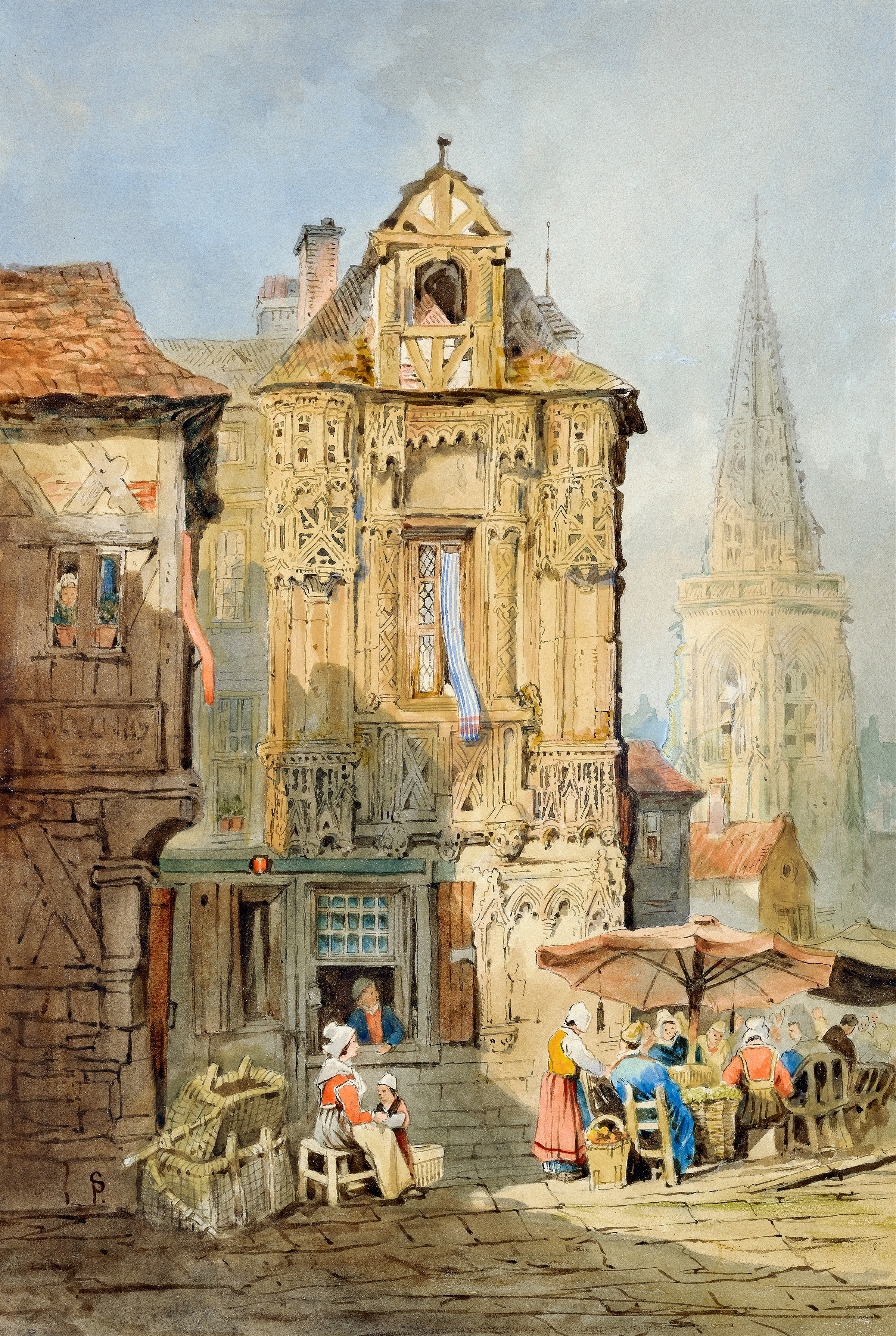 Marketplace at Bruges, by Samuel Prout, public domain