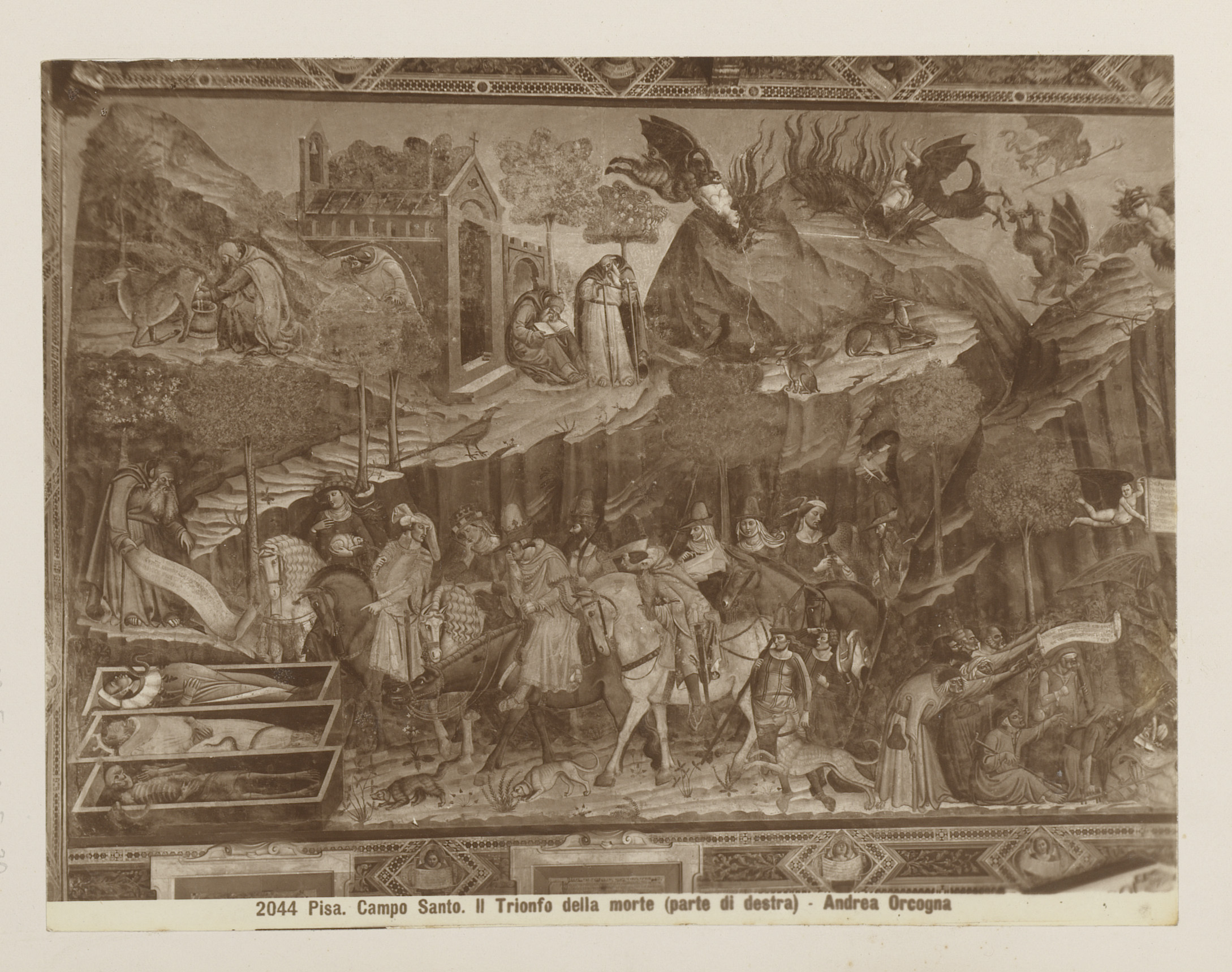 Fotoreproductie van het fresco De triomf der doden naar Andrea di Cione, genaamd Orcagna, in het Camposanto te Pisa, Italië, by Giacomo Brogi, public domain