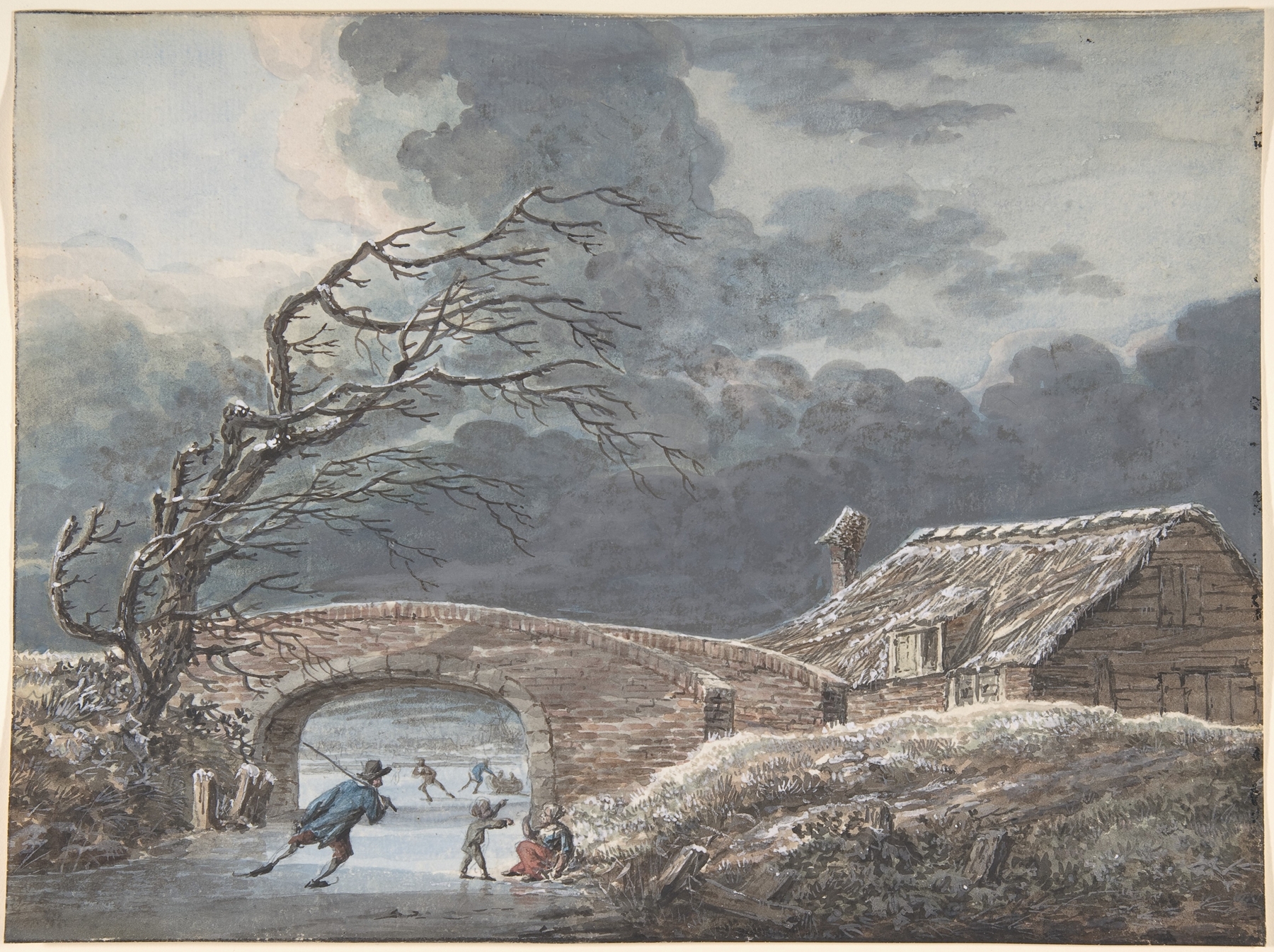 Winter landscape with skaters on a frozen canal, oil painting by Vincent Jansz. van der Vinne