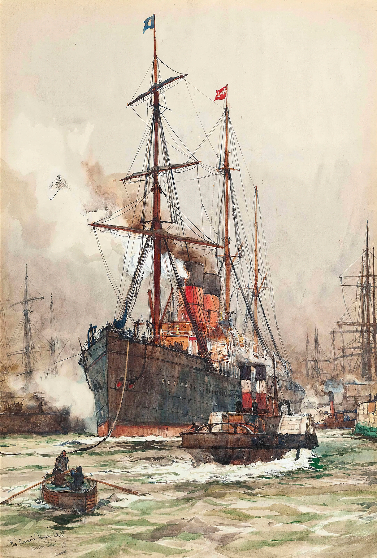 The Aurania under escort in Liverpool harbour, oil on canvas by Charles Edward Dixon