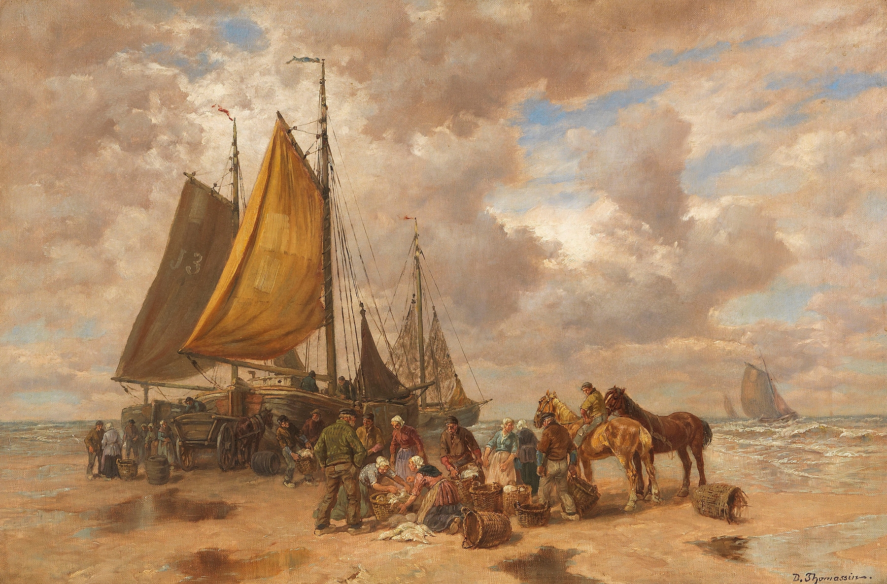 Fischer am Meer by Désiré Thomassin, oil painting depicting fishermen by the sea.