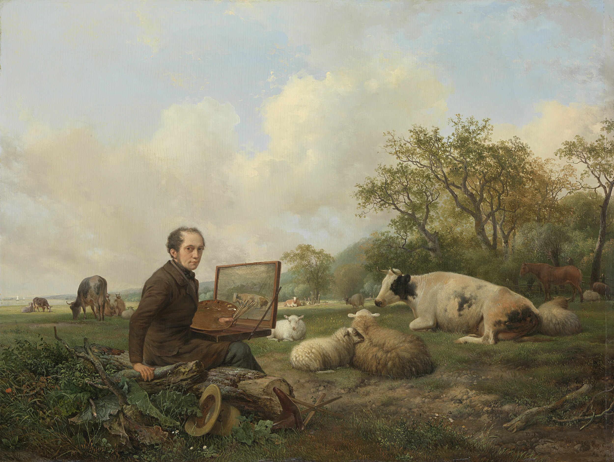 The Artist Painting a Cow in a Meadow, oil on panel by Hendrikus van de Sande Bakhuyzen