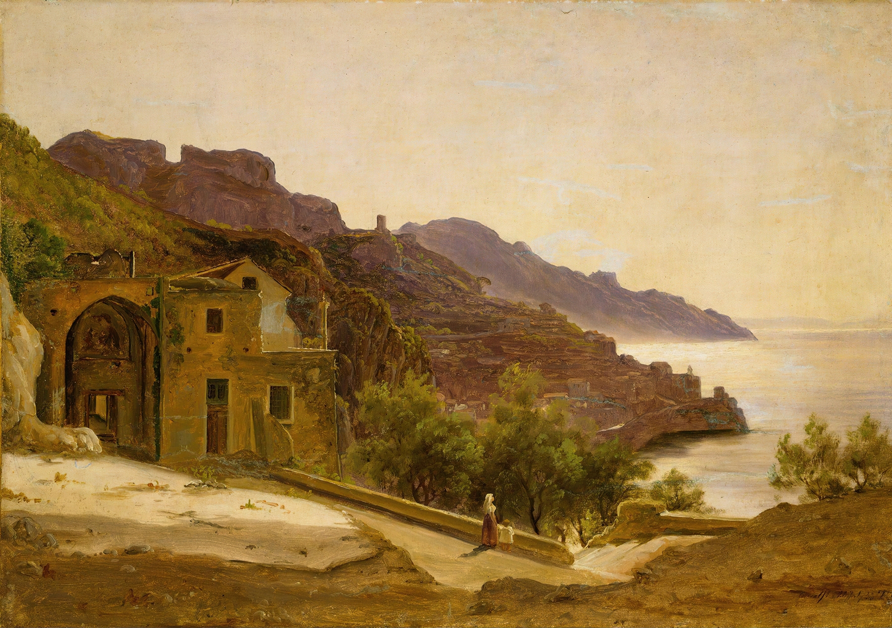 Terrace near Amalfi by Thomas Fearnley, oil painting depicting a coastal landscape with lush greenery and sea.