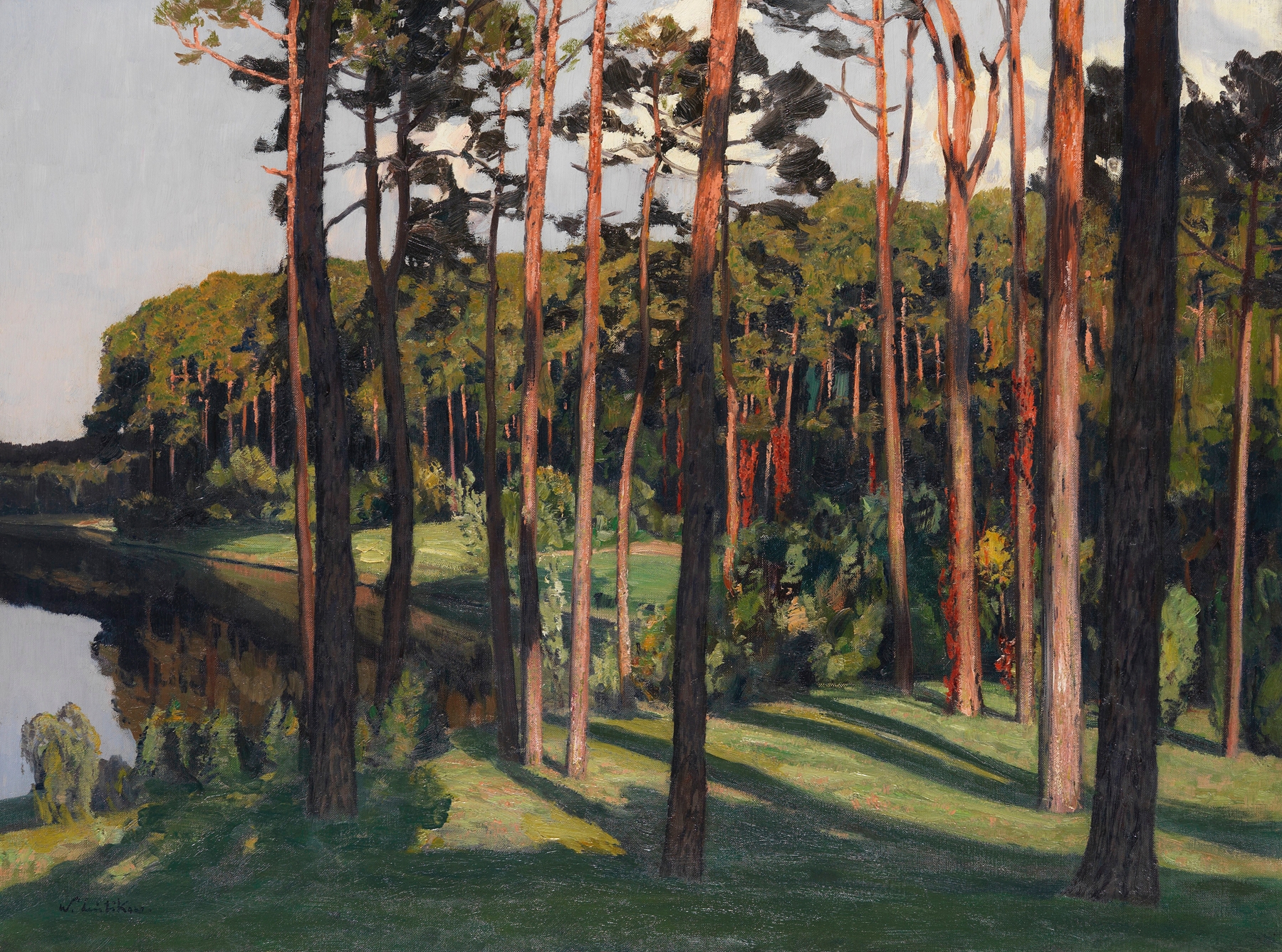 Märkische Landschaft by Walter Leistikow, oil on canvas depicting a tranquil landscape with soft greens and gentle sky.