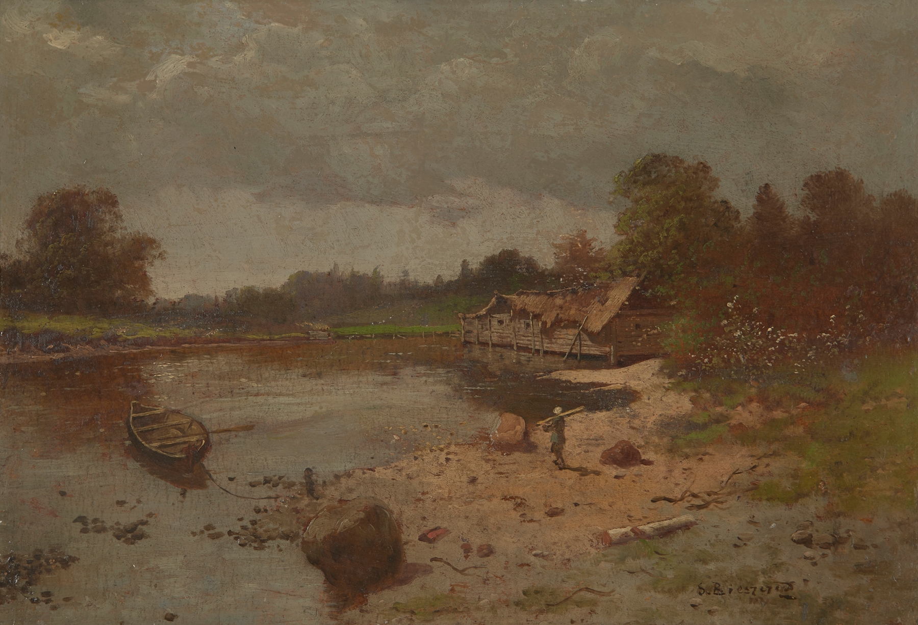 Landscape with a Pond by Seweryn Bieszczad, oil painting depicting a tranquil pond surrounded by soft hues of nature.