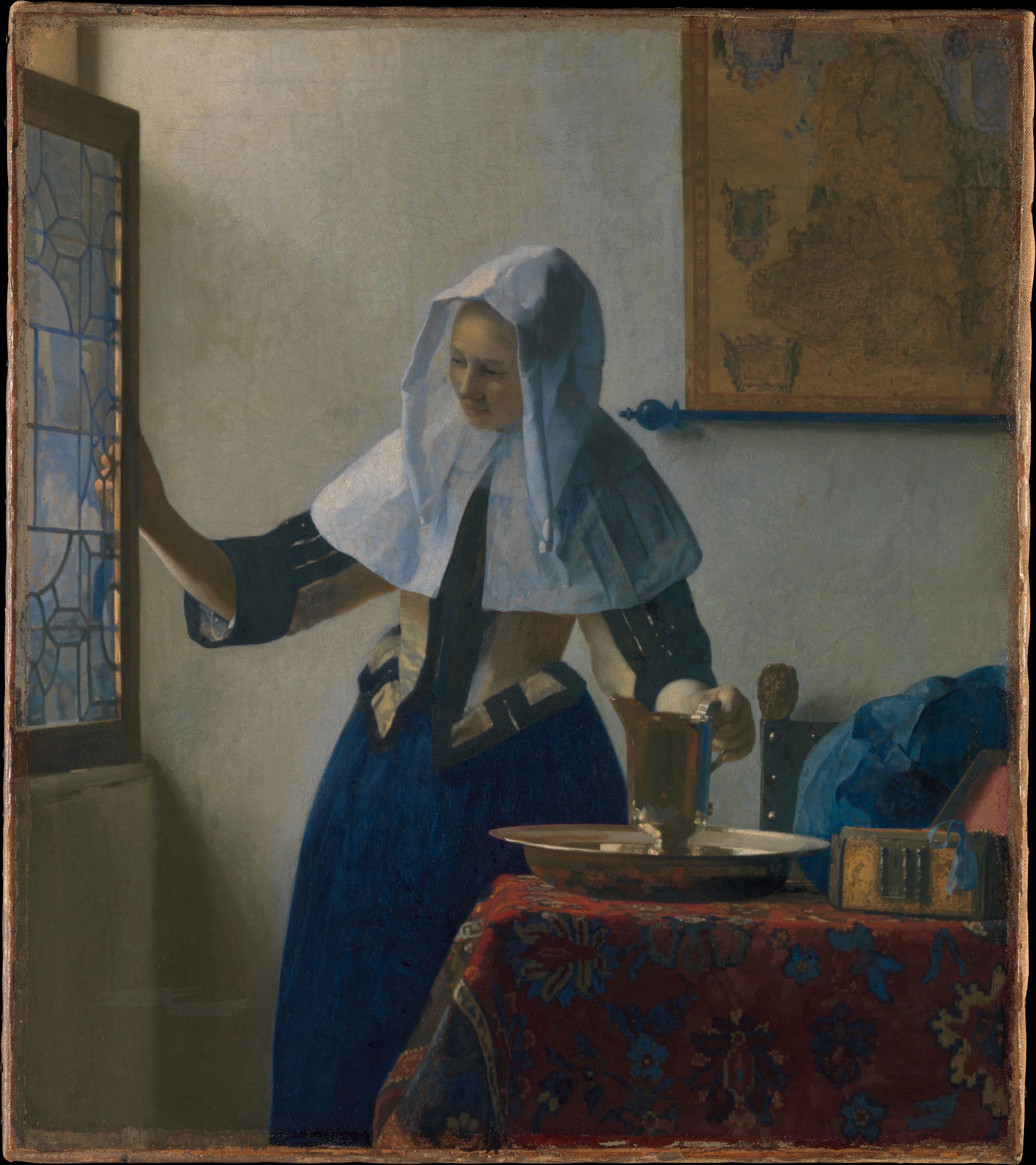 Young Woman with a Water Pitcher, by Johannes Vermeer, public domain