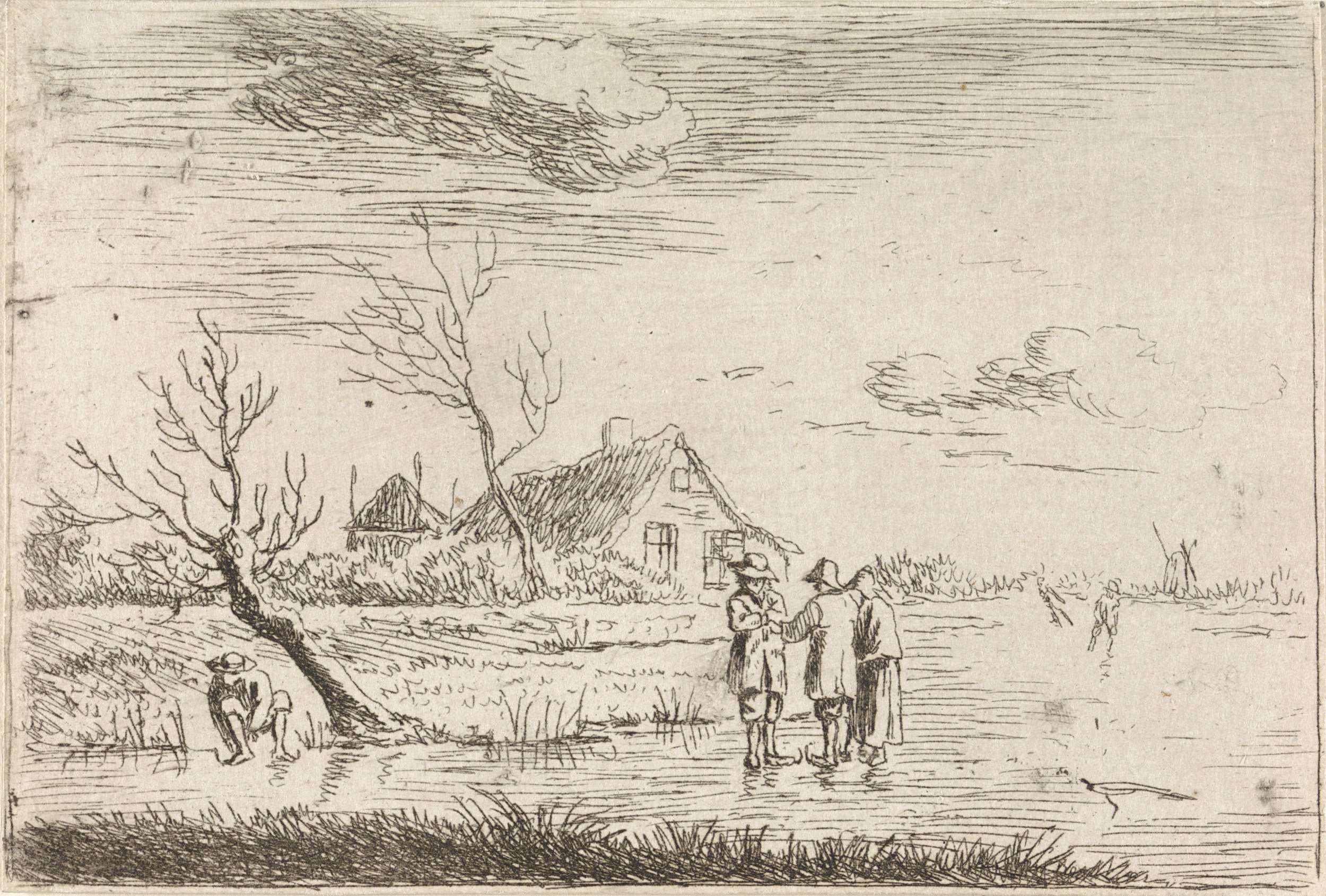 Winter landscape with skaters and a farm, etching by Johannes Christiaan Janson