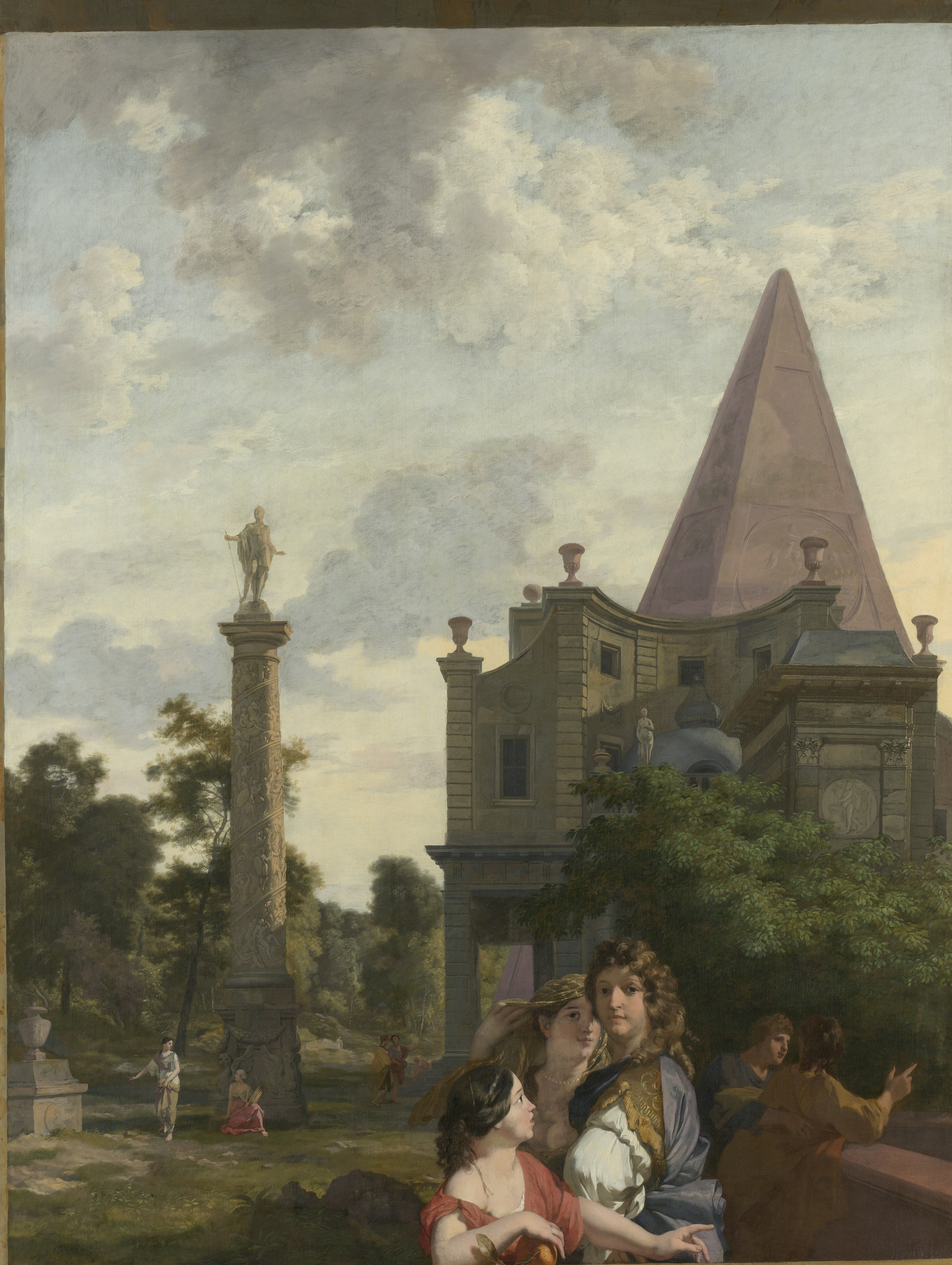Italian landscape with three women in soft garments, oil painting by Gerard de Lairesse