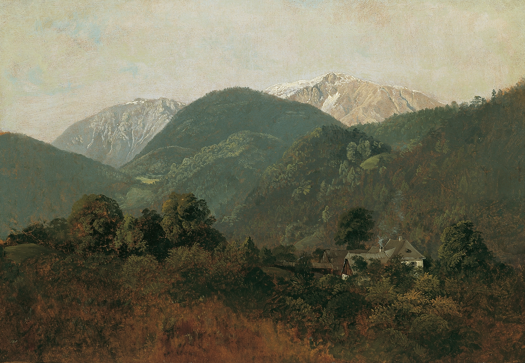 Blick von Scheuchenstein zum Gauermannhof mit Schneeberg im Hintergrund, by Friedrich August Matthias Gauermann, public domain