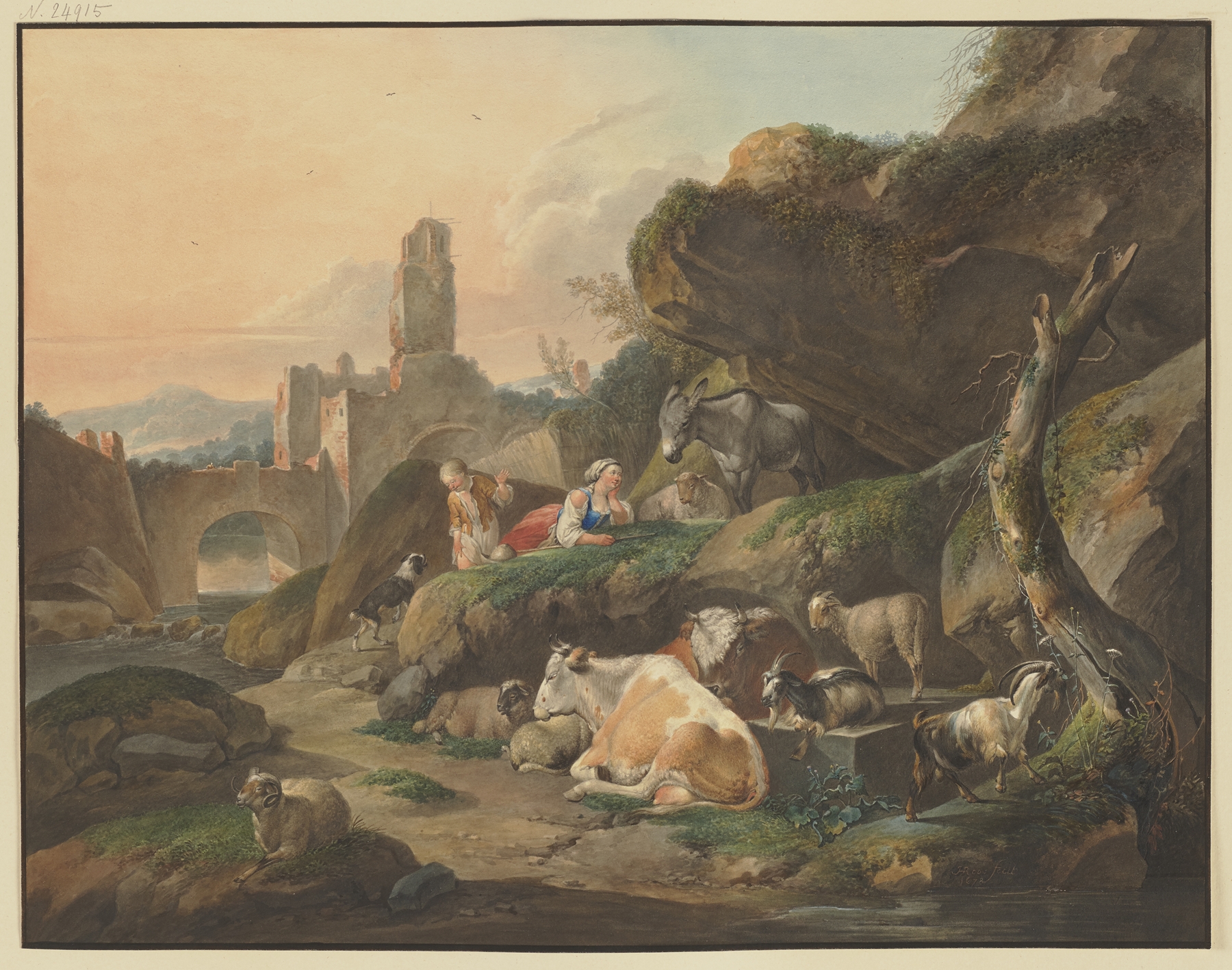 Hirten auf Felsen by Johann Friedrich Morgenstern, oil painting depicting cows, sheep, and ruins