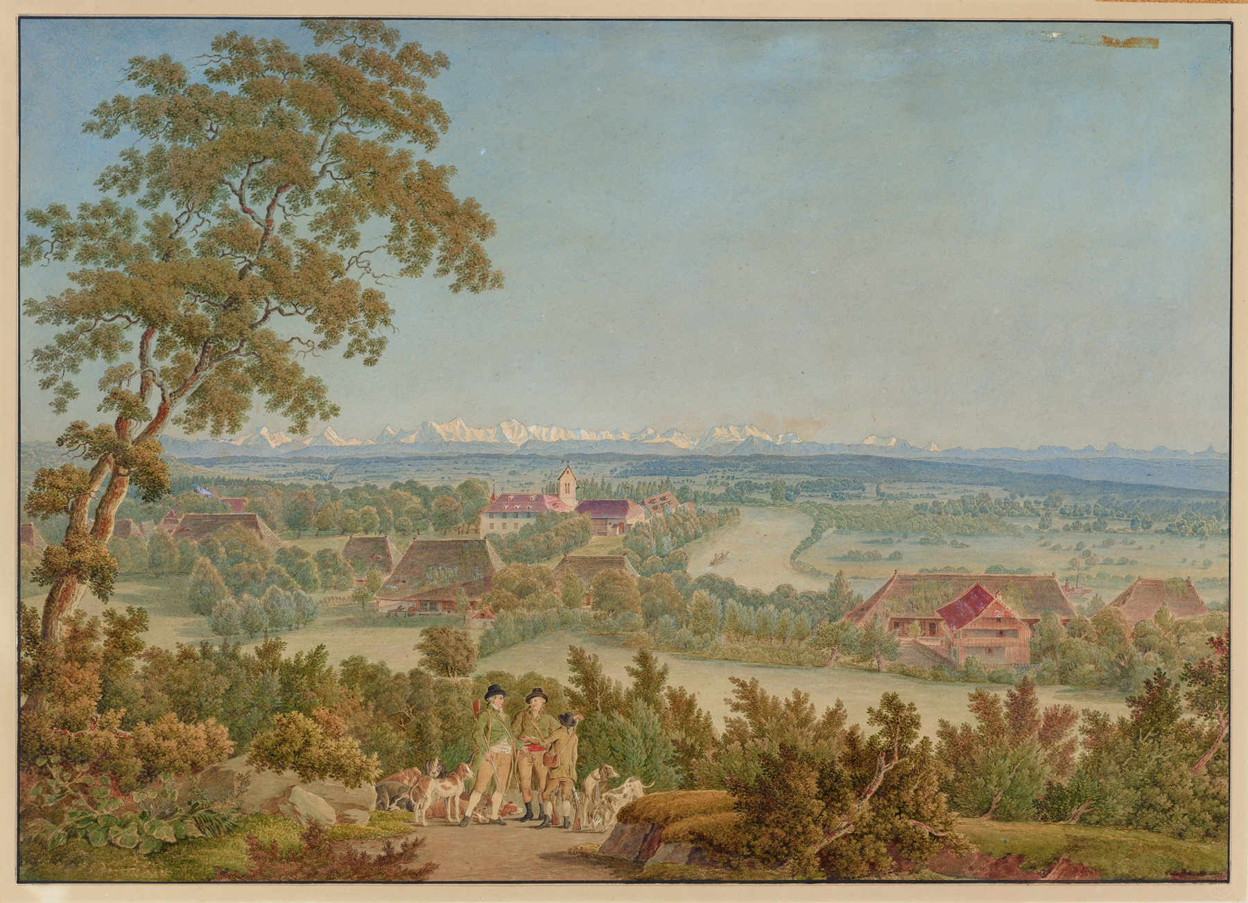 Landscape featuring an abbey in golden light by Johann Jakob Biedermann
