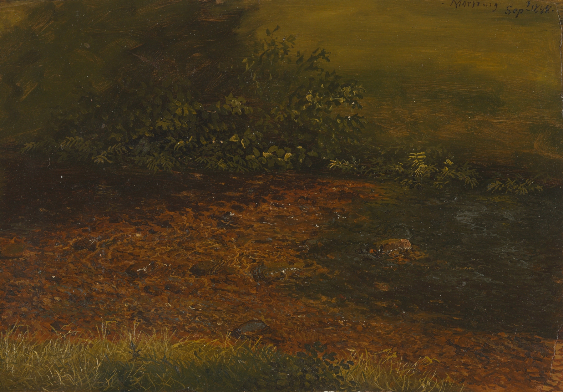 Woodland stream in the Catskills by Frederic Edwin Church, oil painting of a serene landscape.
