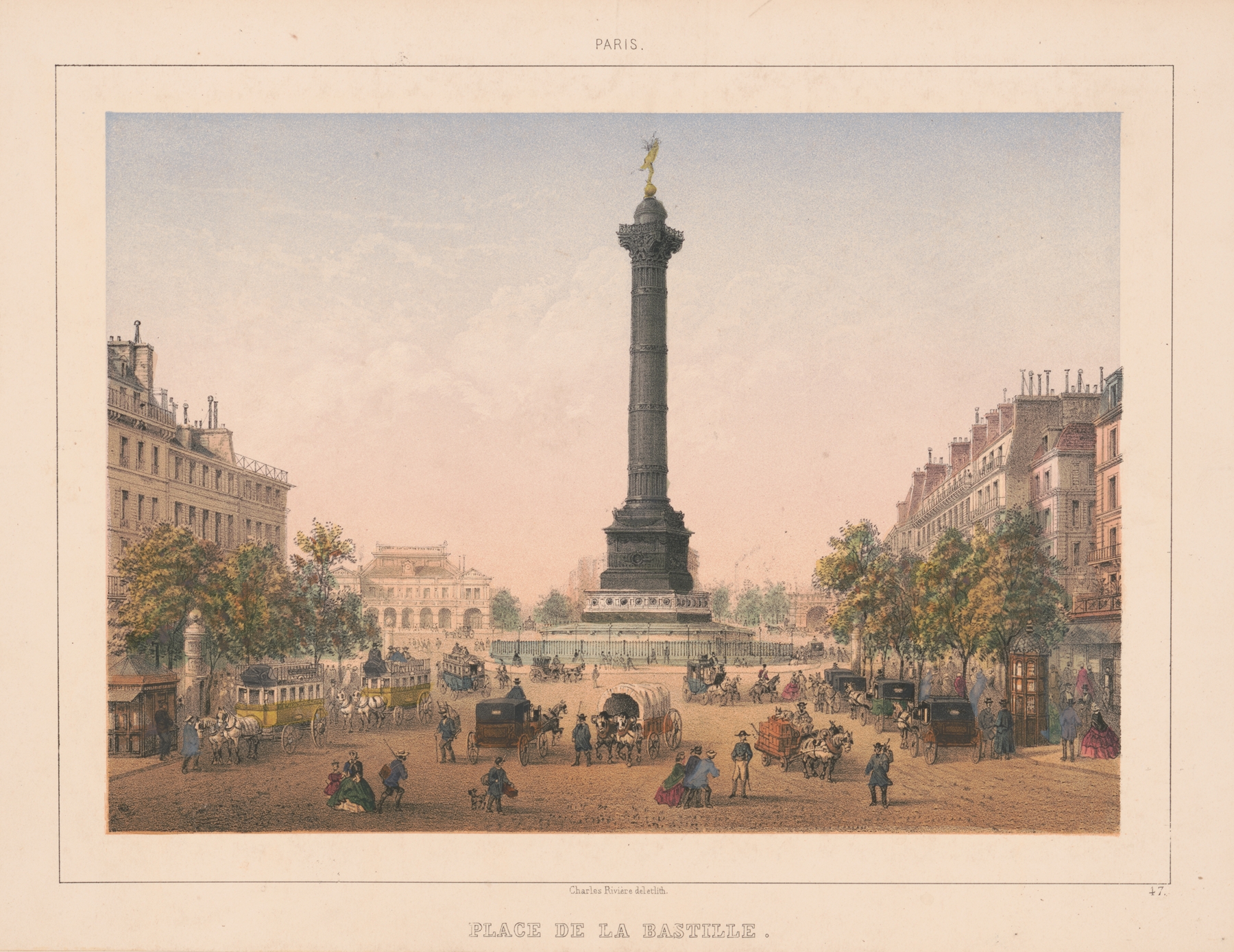 Impressionist scene of Paris by Charles Rivière, depicting a sunset with figures.