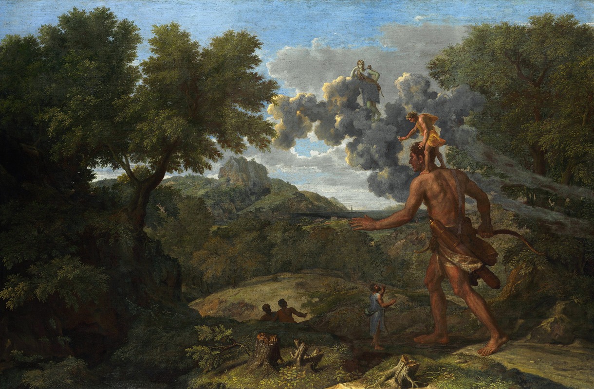 A depiction of Orion searching for the sun, showcasing Poussin's mastery of mythological themes.