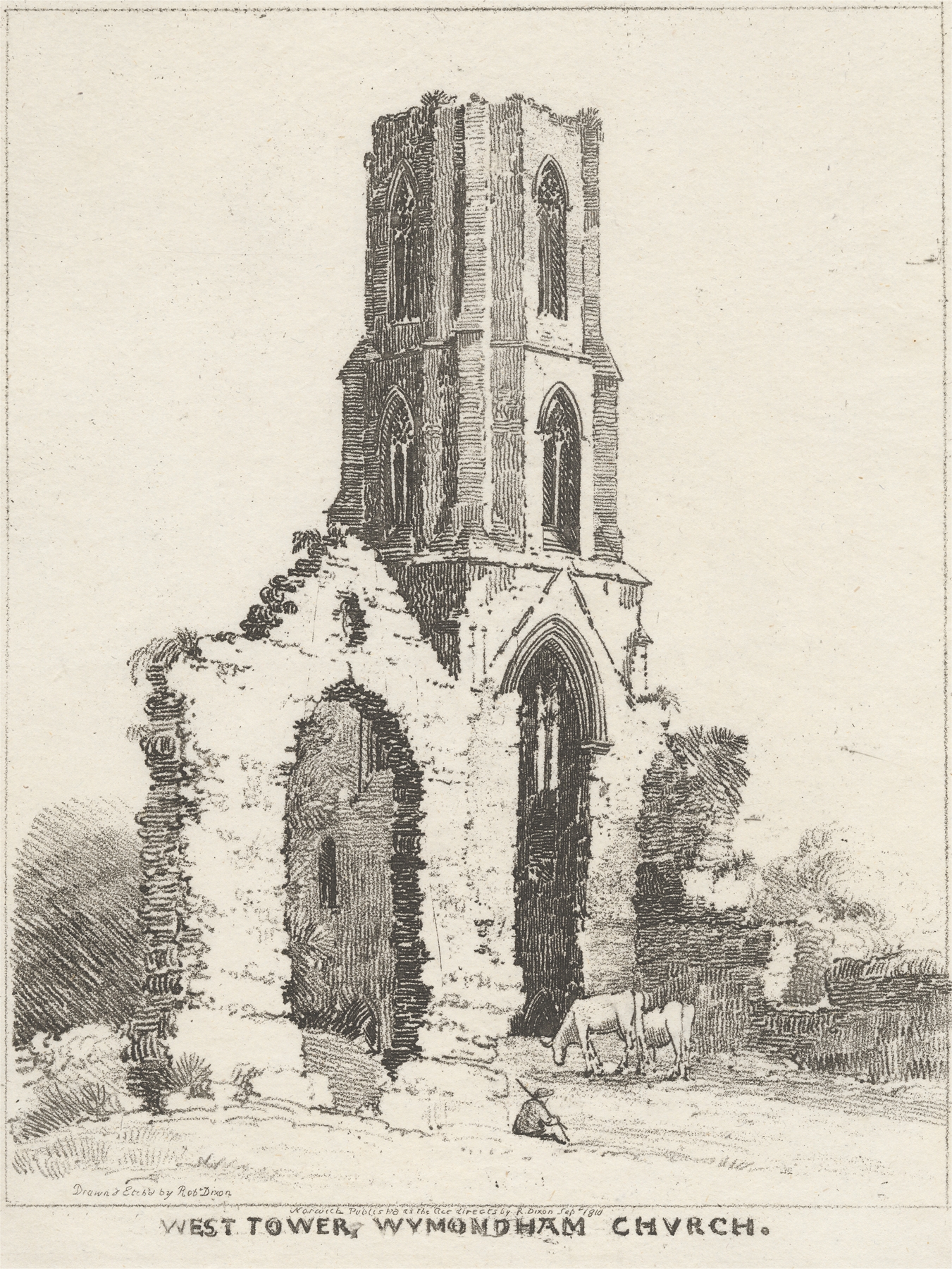 West Tower of Wymondham Church, watercolor on paper by Robert Dixon
