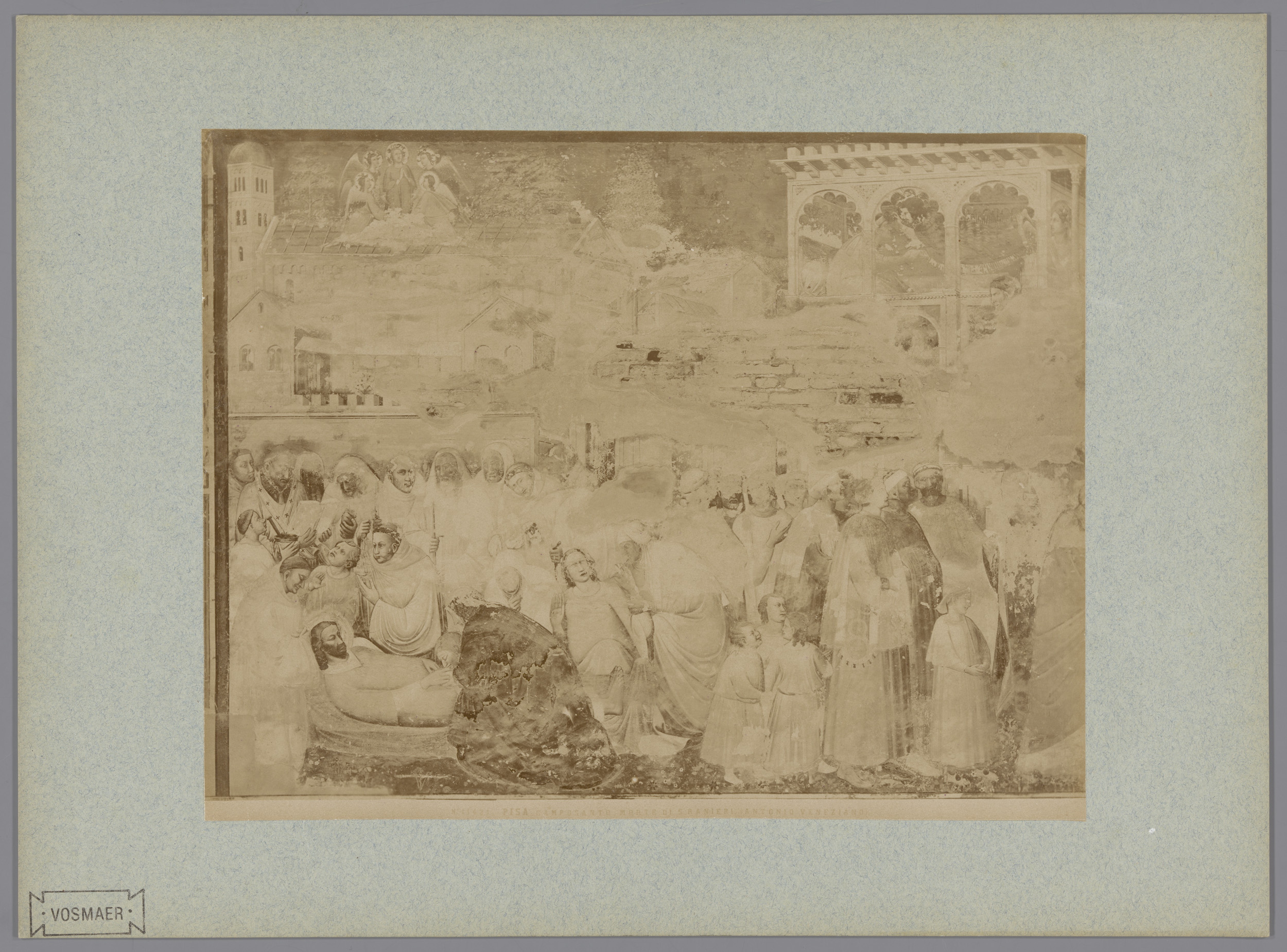 Fotoreproductie van het fresco De dood van S. Ranieri naar Antonio Veneziano in het Camposanto te Pisa, Italië, by Fratelli Alinari, public domain