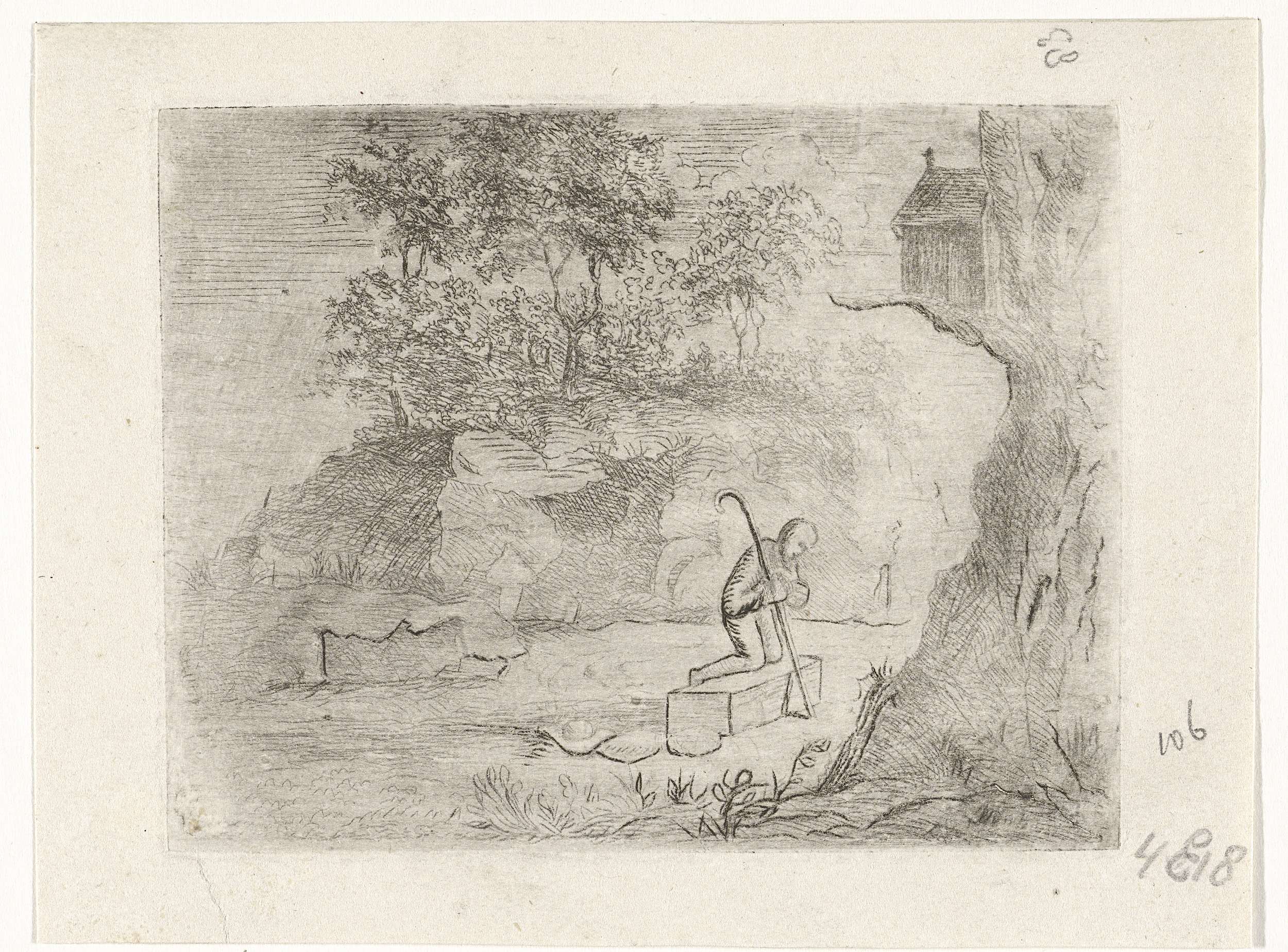 Biddende pelgrim, etching by Reinierus Albertus Ludovicus baron van Isendoorn à Blois, depicting a kneeling pilgrim in prayer.