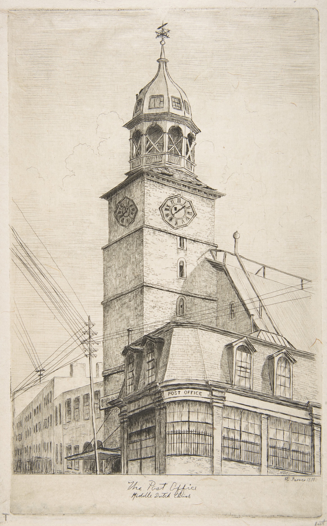 The Post Office, Middle Dutch Church engraving by Henry Farrer, highlighting sunlight on the church facade.