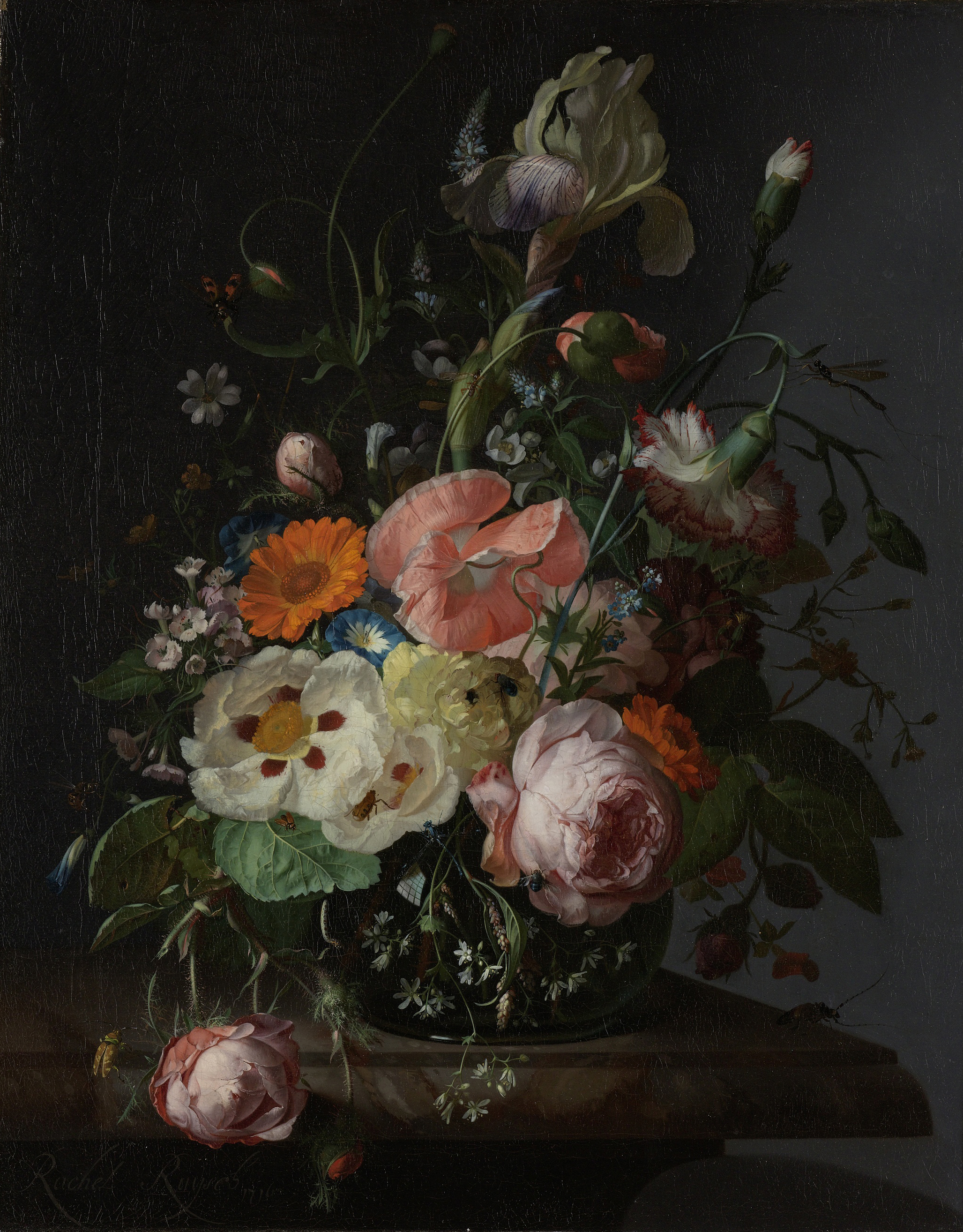 Still life with flowers and insects on a marble tabletop, oil on canvas by Rachel Ruysch