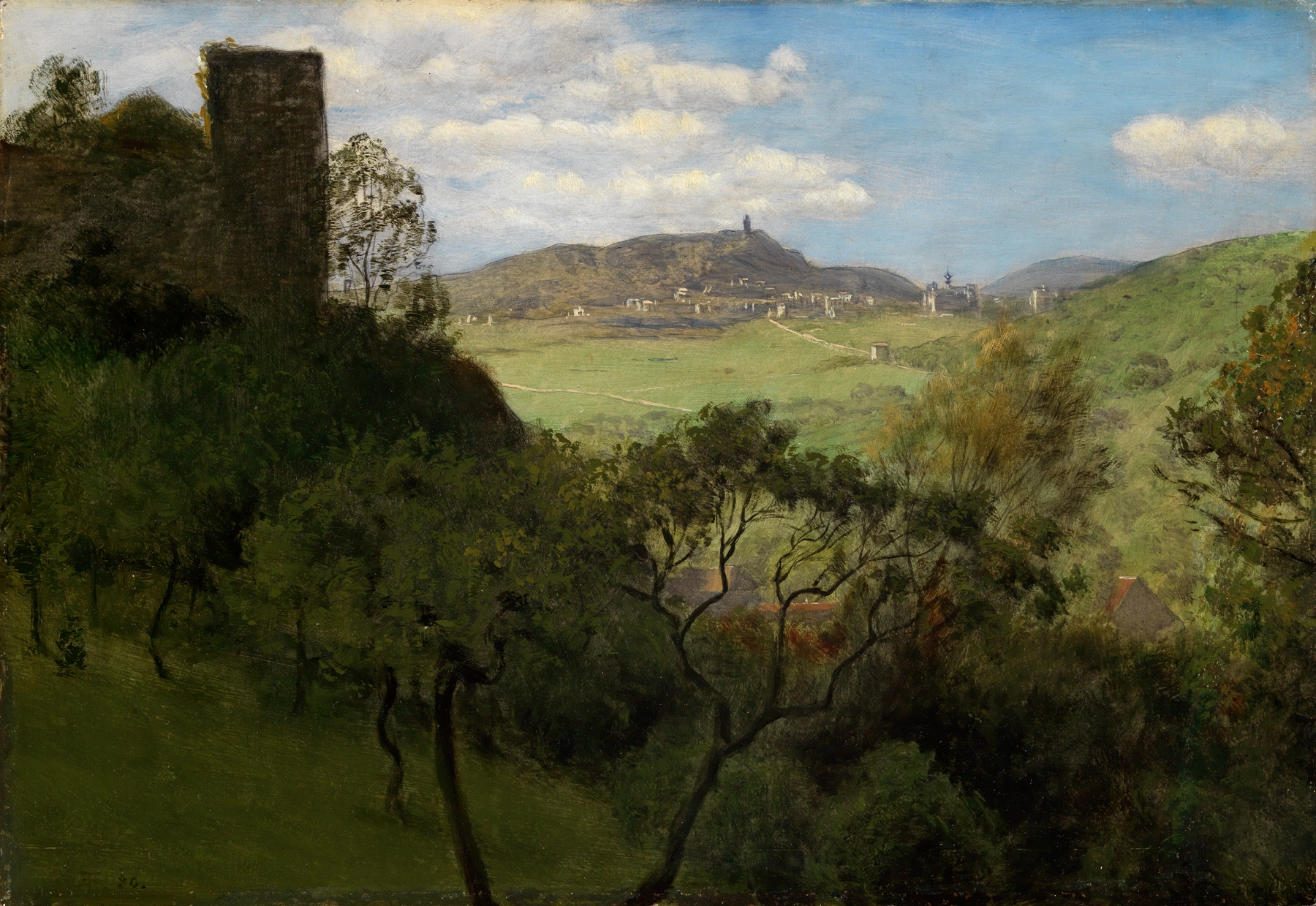 Landscape oil painting by Hans Thoma featuring hills and a distant castle.