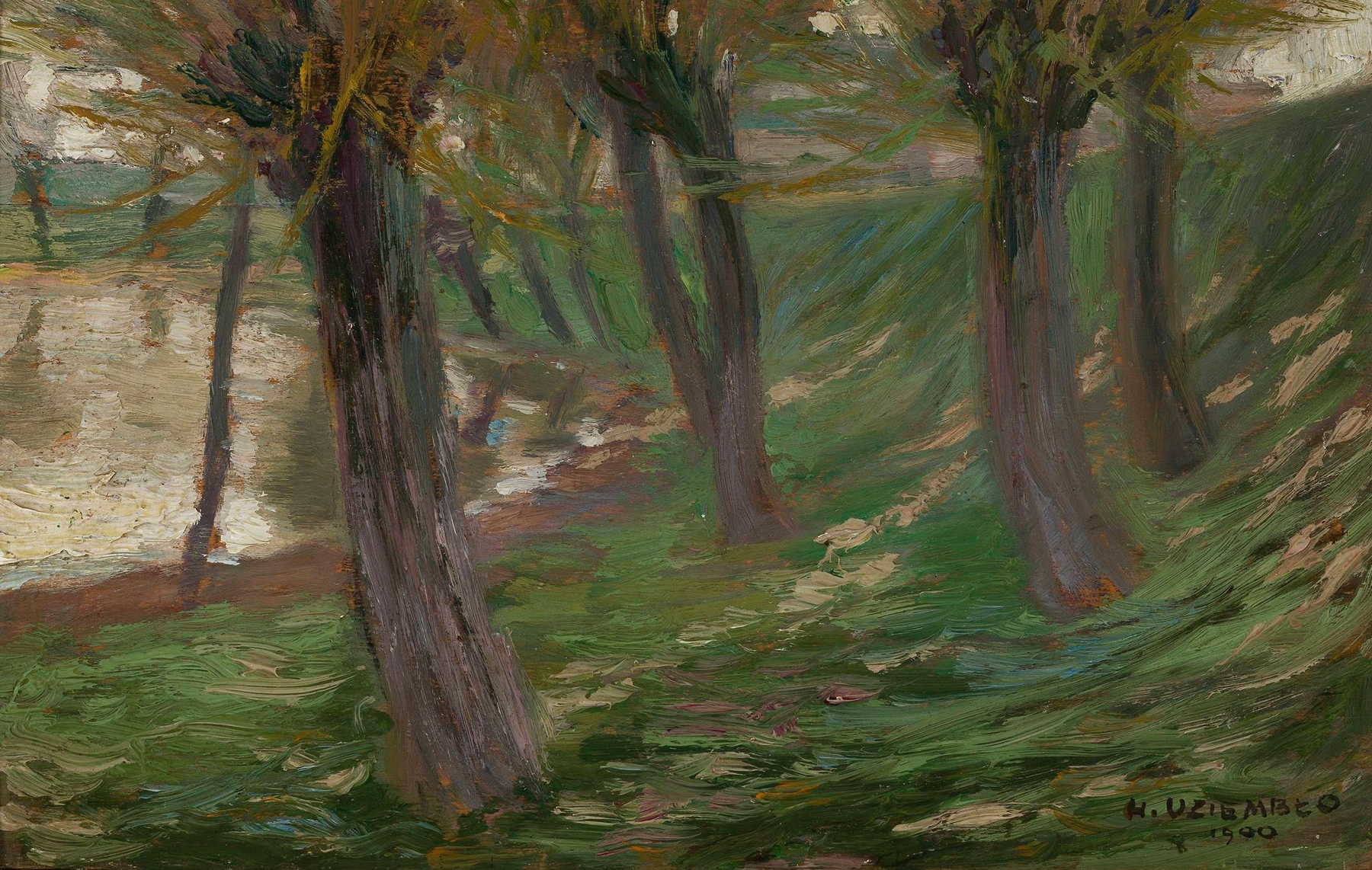 Willows at a pond, oil painting by Henryk Uziembło