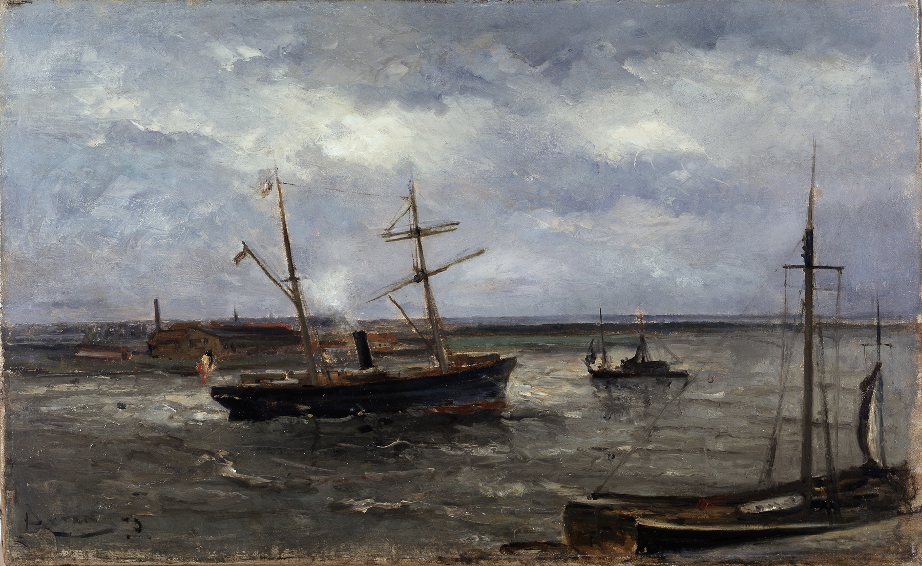 Quay in Antwerp by Louis Artan, oil on canvas showing a port scene with figures and water.