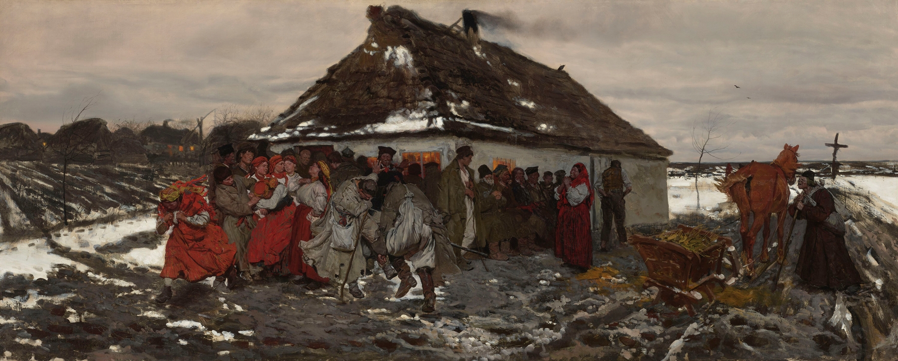 Genre scene with figures around an inn, oil on canvas by Jozef Chelmonski