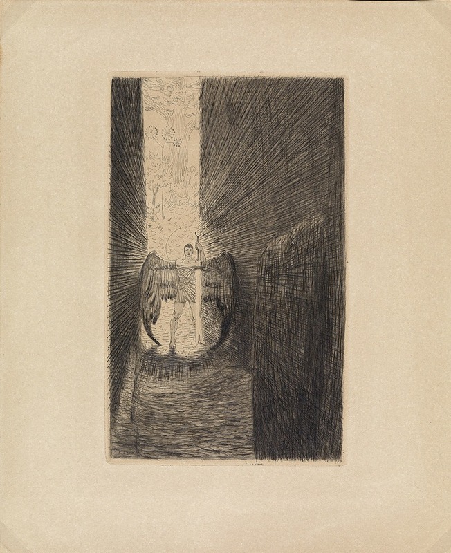 Franz von Stuck's 'Wächter des Paradieses' depicts a guardian figure in a lush, dreamlike landscape.