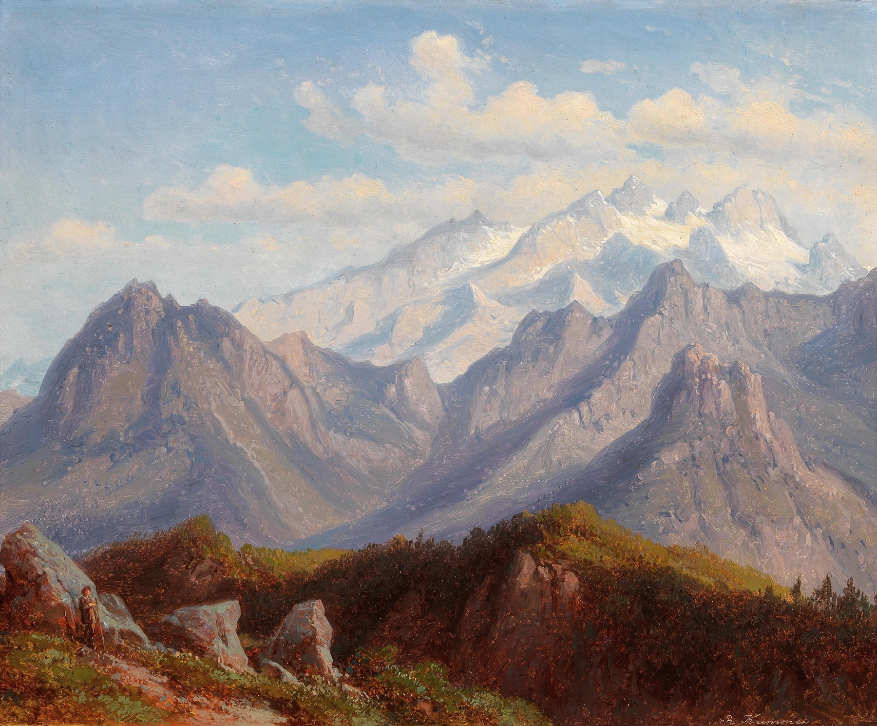 Landscape oil painting by Robert Kummer featuring mountains, clouds, and lush greenery.