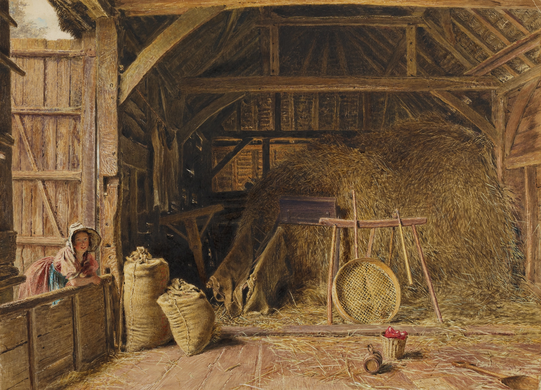 Interior of a barn with sunlight filtering through, oil painting by William Henry Hunt.
