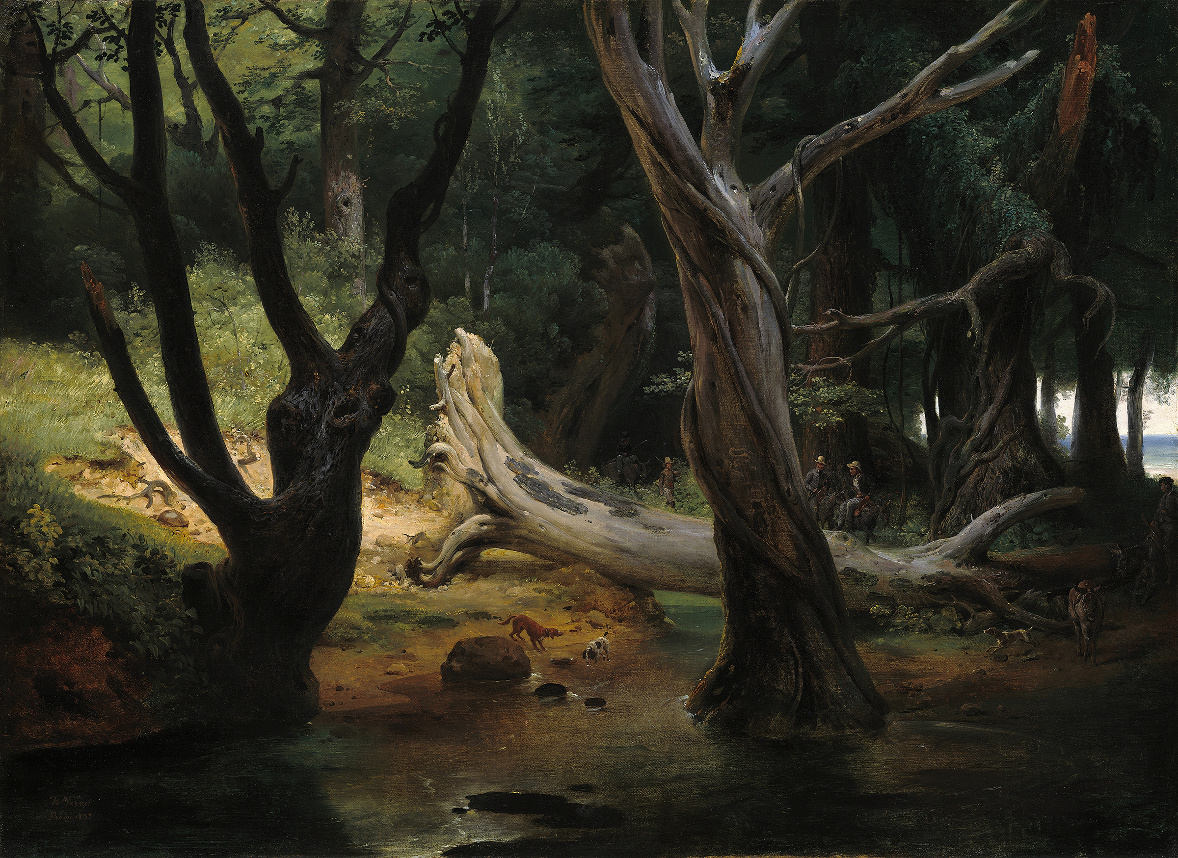 Departure for the Hunt in the Pontine Marshes by Horace Vernet, oil painting depicting hunters and horses in a forest at sunset