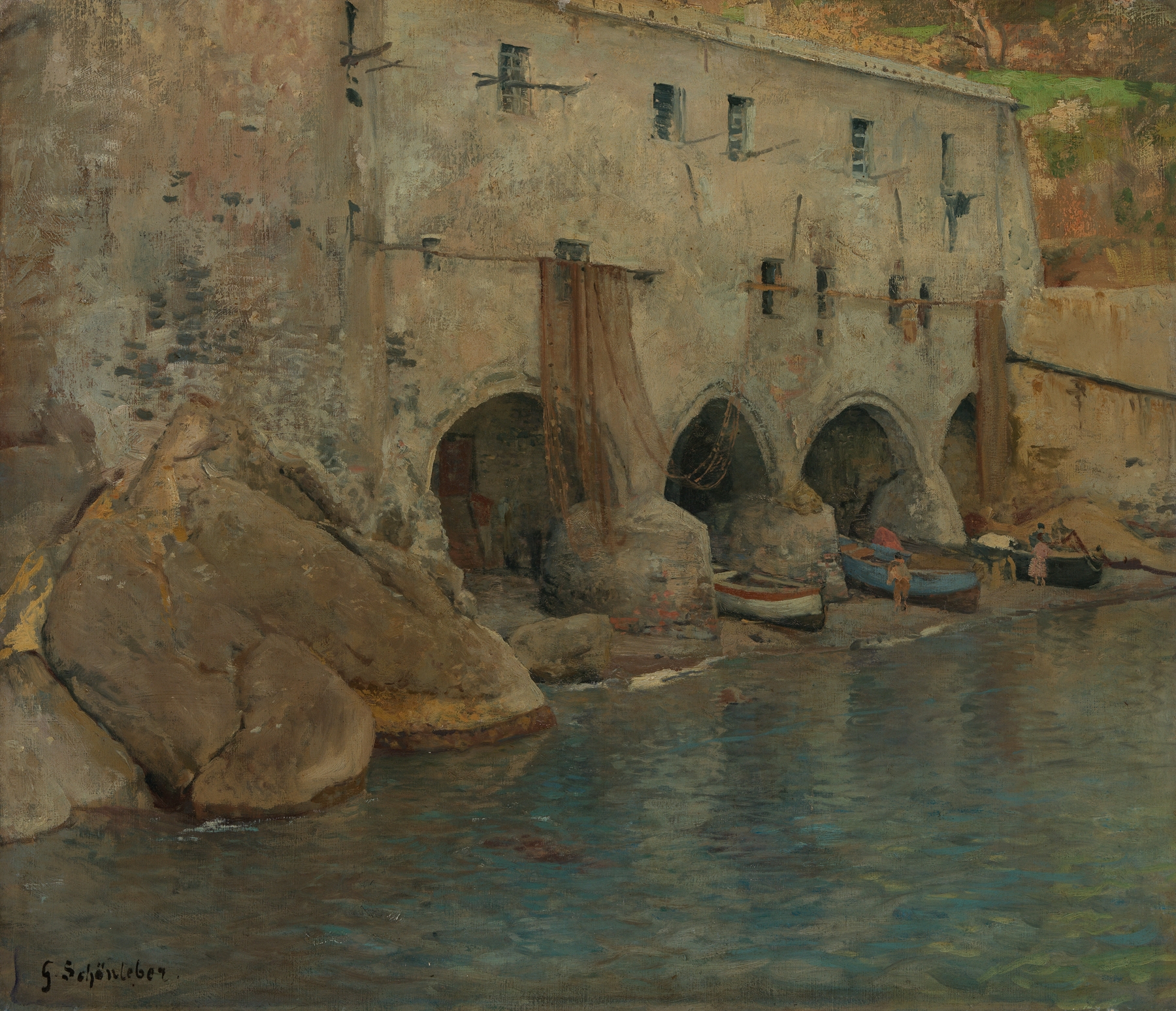 San Fruttuoso by Gustav Schönleber, oil on canvas, depicting tranquil waters and a coastal village.