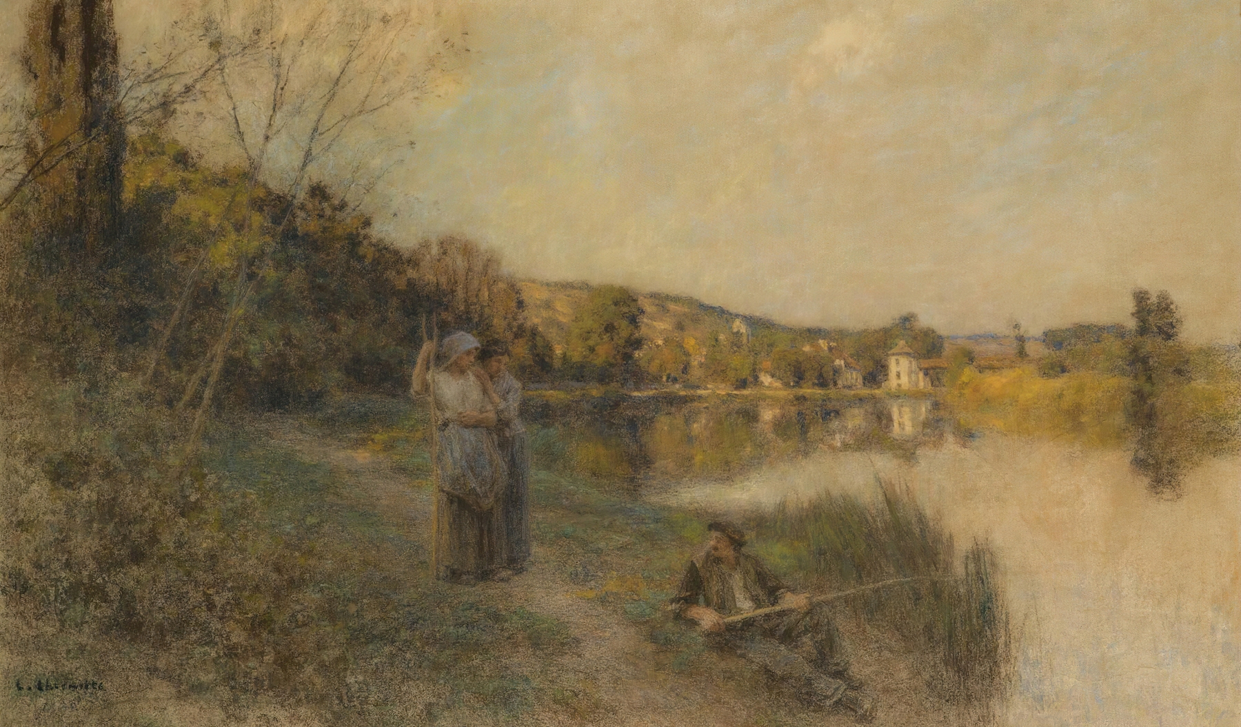 Landscape oil painting by Léon Augustin Lhermitte featuring a sunset and a fisherman