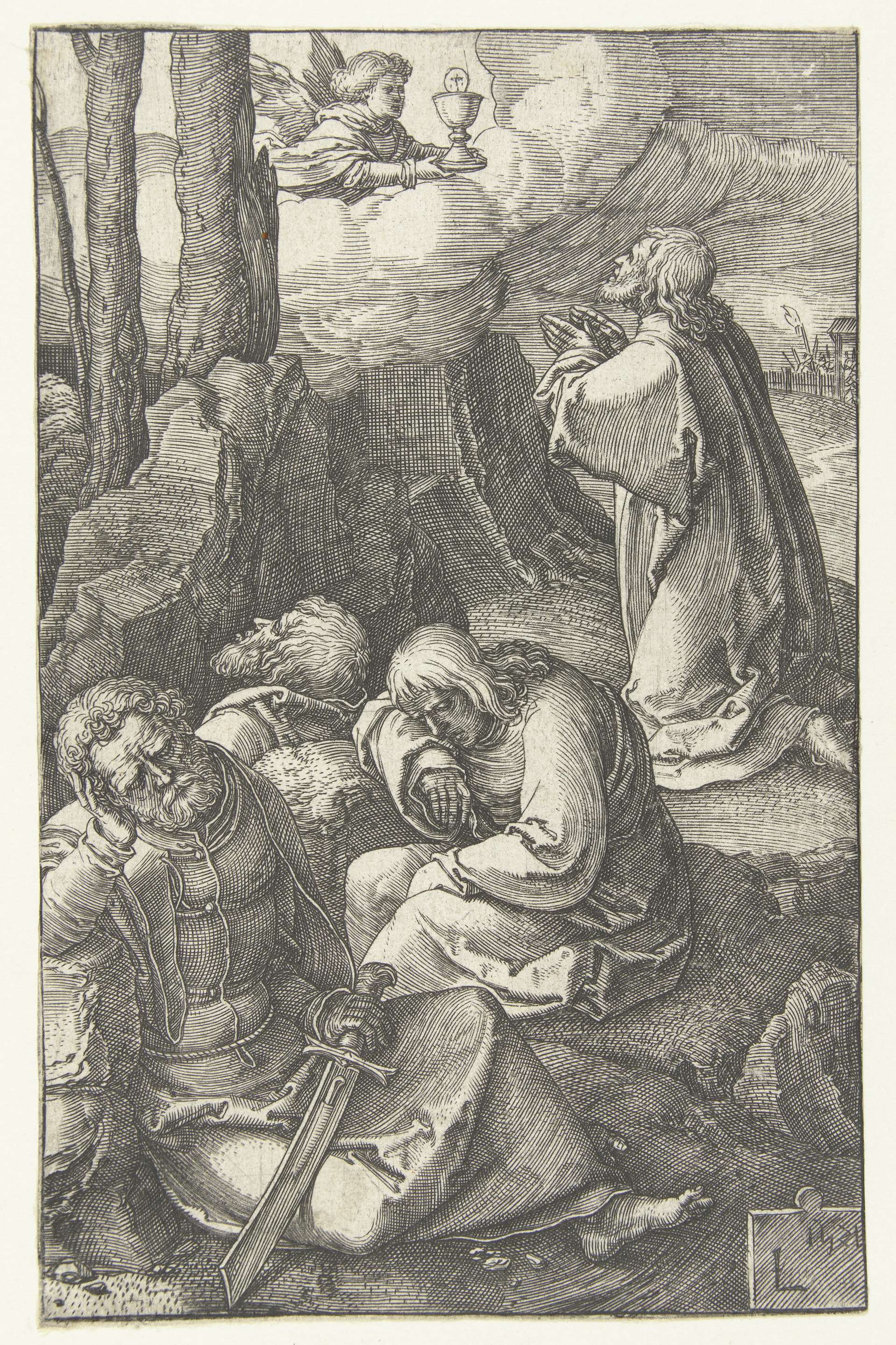 Engraving by Lucas van Leyden depicting Christ in the garden of Gethsemane