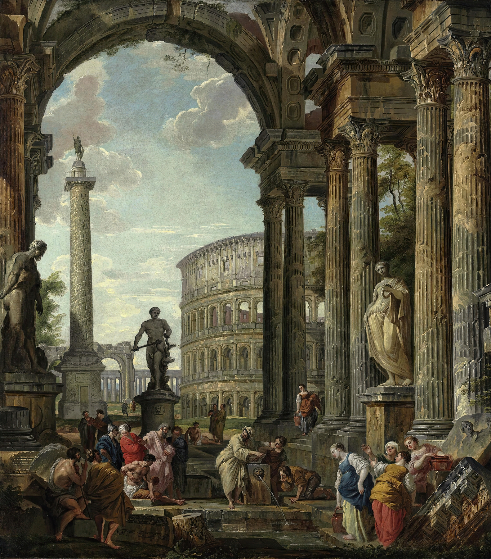 An architectural capriccio with the philosopher Diogenes and other figures, by Giovanni Paolo Panini, public domain