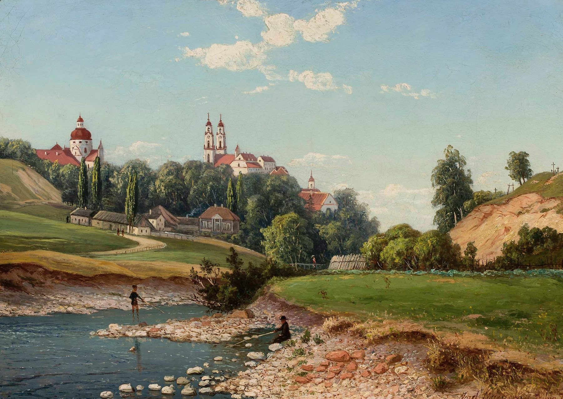 Genre scene depicting children playing near a church, by Józef Marszewski, 1870