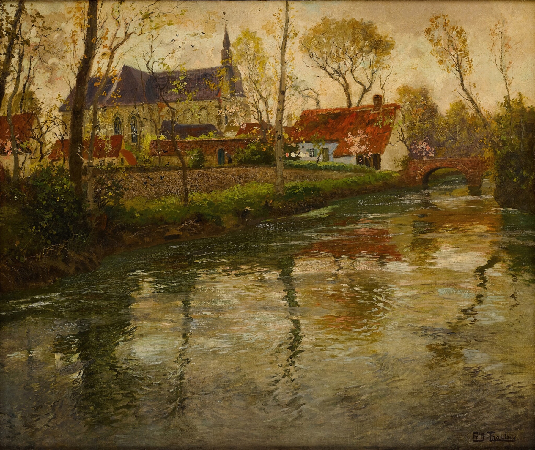 A river landscape with a church and rolling hills, oil painting by Frits Thaulow