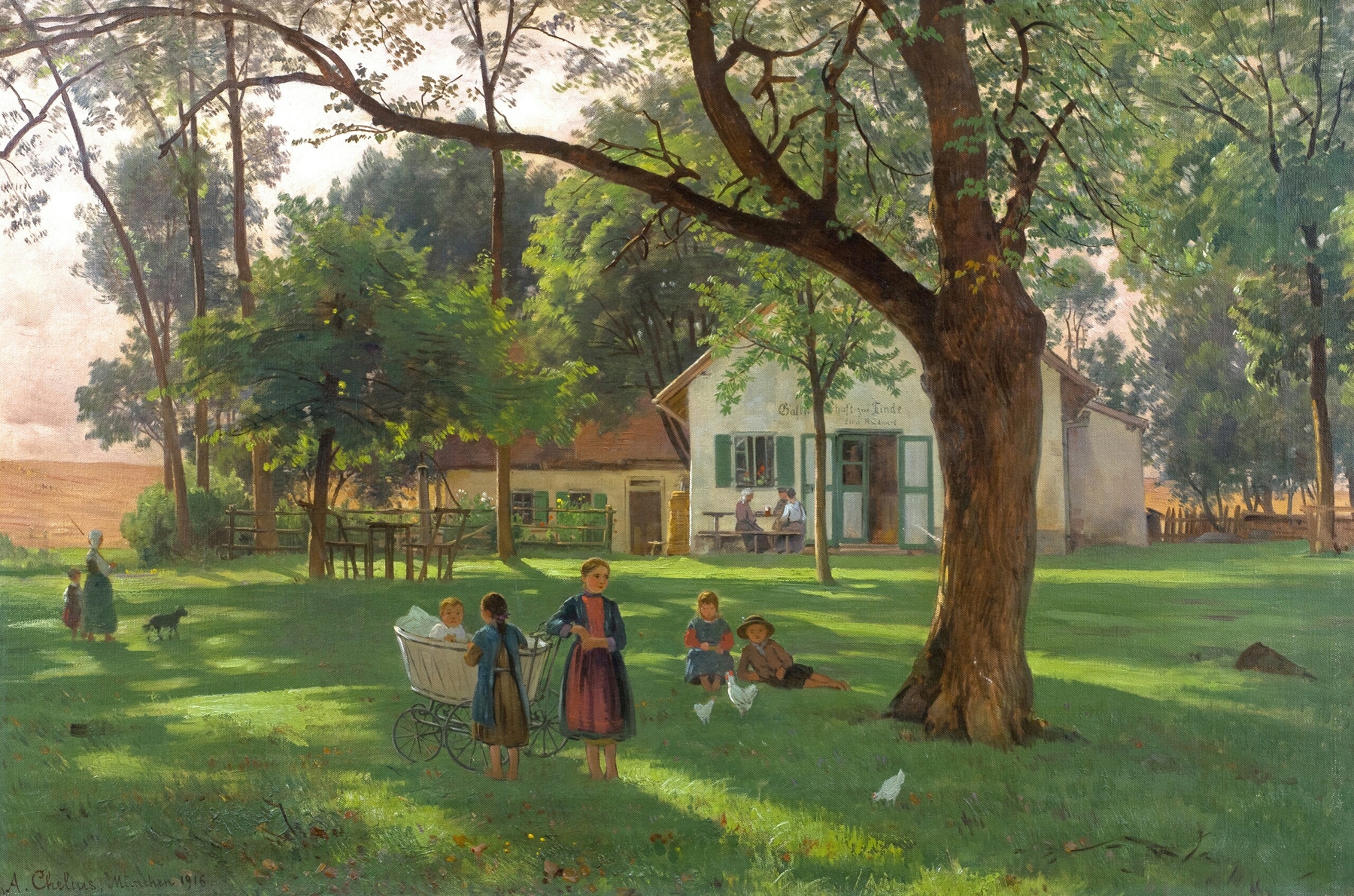 Oil on canvas by Adolf Chelius depicting a serene landscape with linden trees