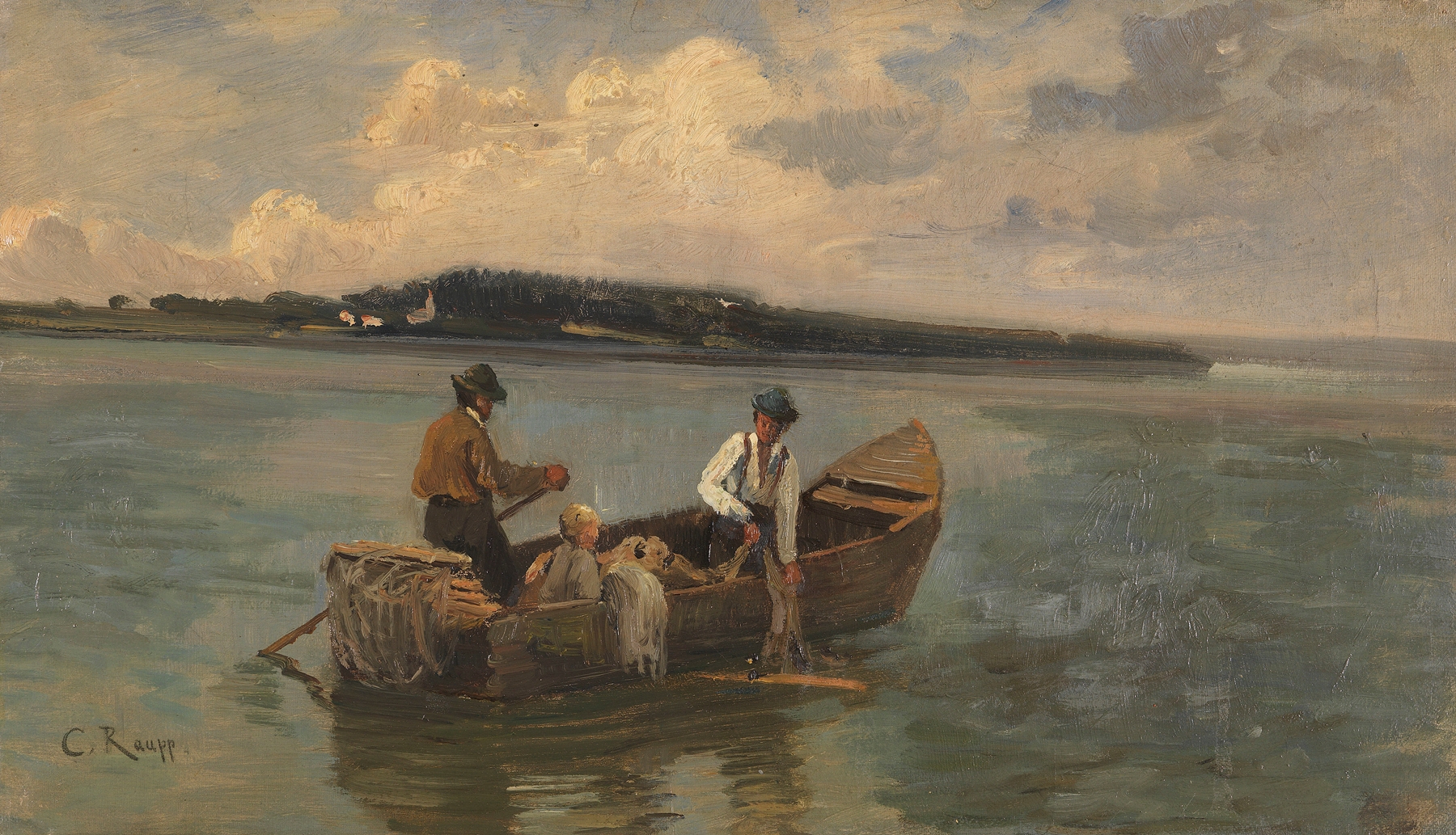 Chiemseefischer by Karl Raupp, oil on canvas depicting fishermen on tranquil waters.