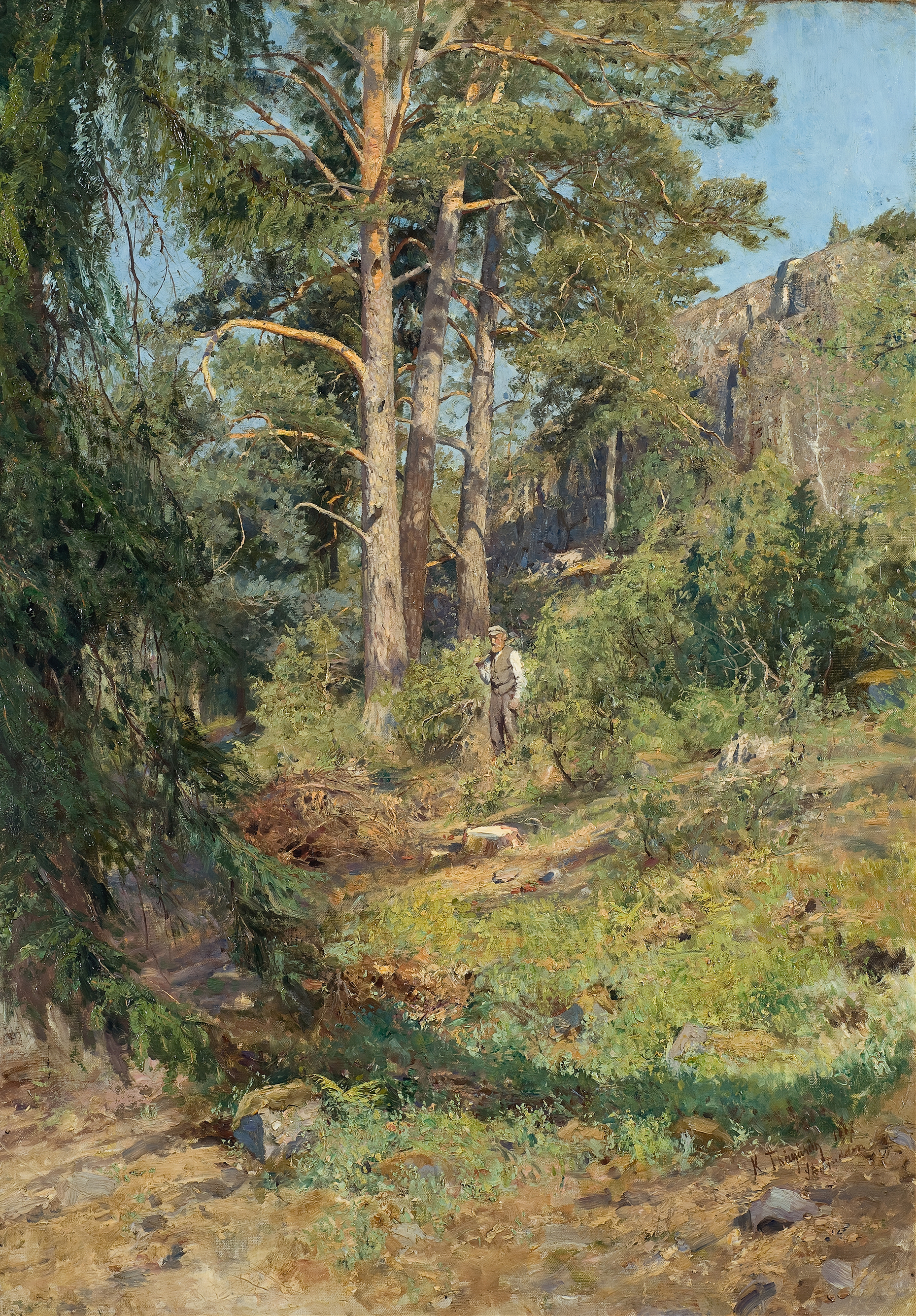 Pine Forest Skutudden, oil on canvas by Carl Trägårdh, depicting a tranquil forest scene with towering pines.