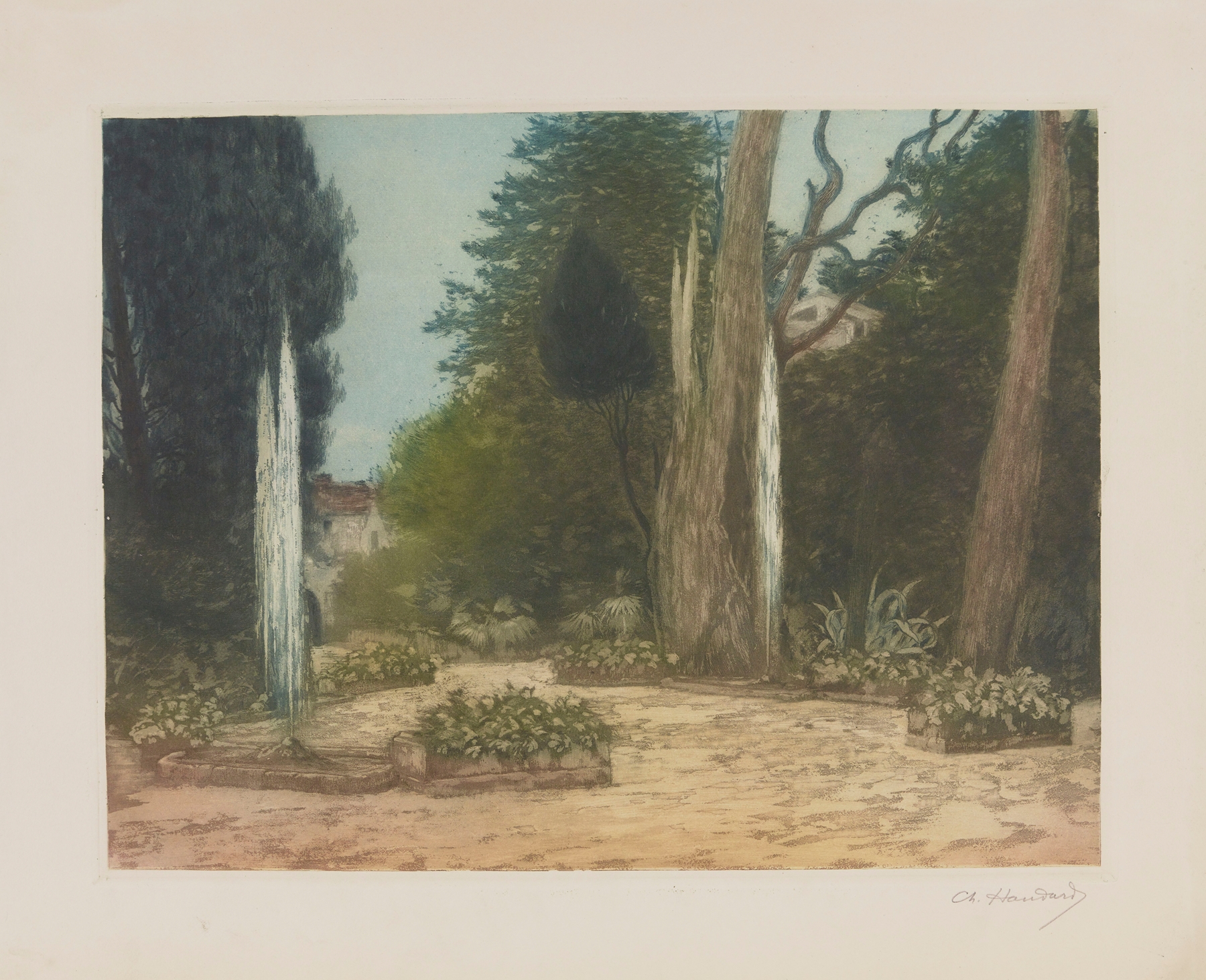 Villa d’Este, Tivoli by Charles-Louis Houdard, oil on canvas depicting a garden fountain.