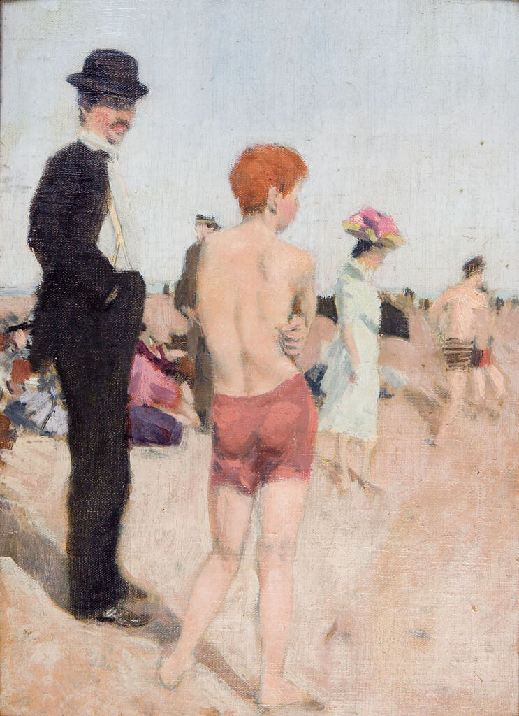 Beach scene with two figures, oil on canvas by Denman Waldo Ross