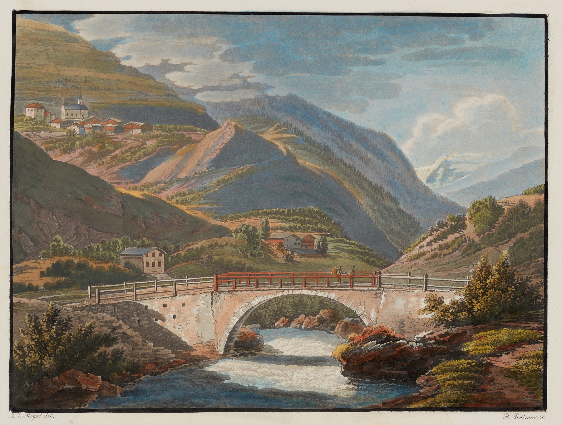 Oil painting by Johann Jakob Meyer depicting a village and mountains.