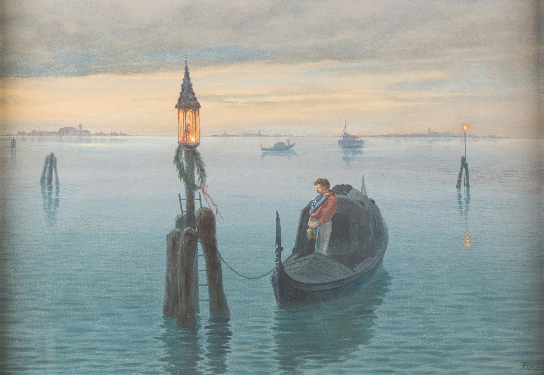 Evening In The Venetian Lagoon by Hermann Krezzer, impressionism, depicting a tranquil lagoon at sunset.