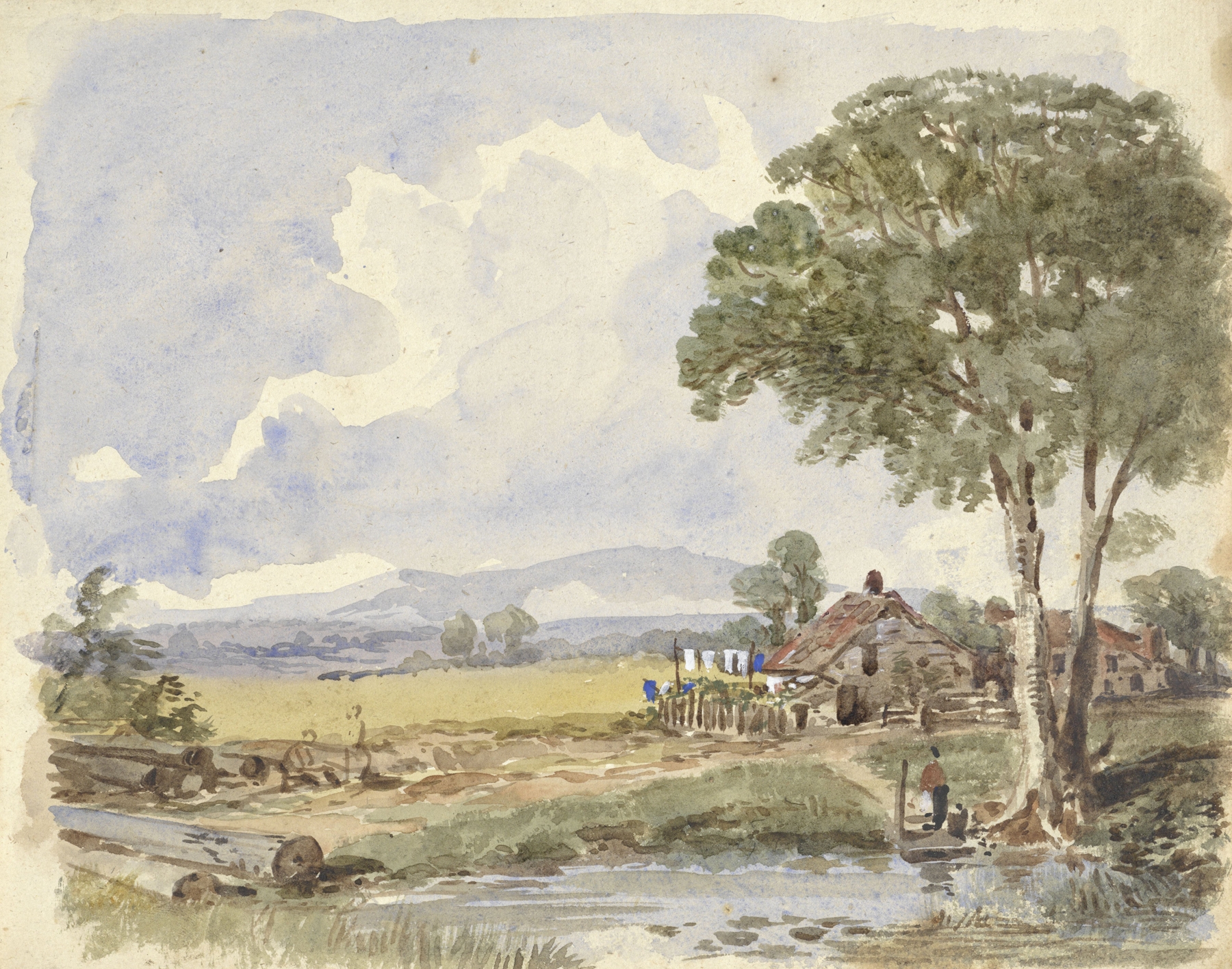 Landschap met boerderij by Pieter van Loon, oil on canvas depicting a farmhouse at sunset.