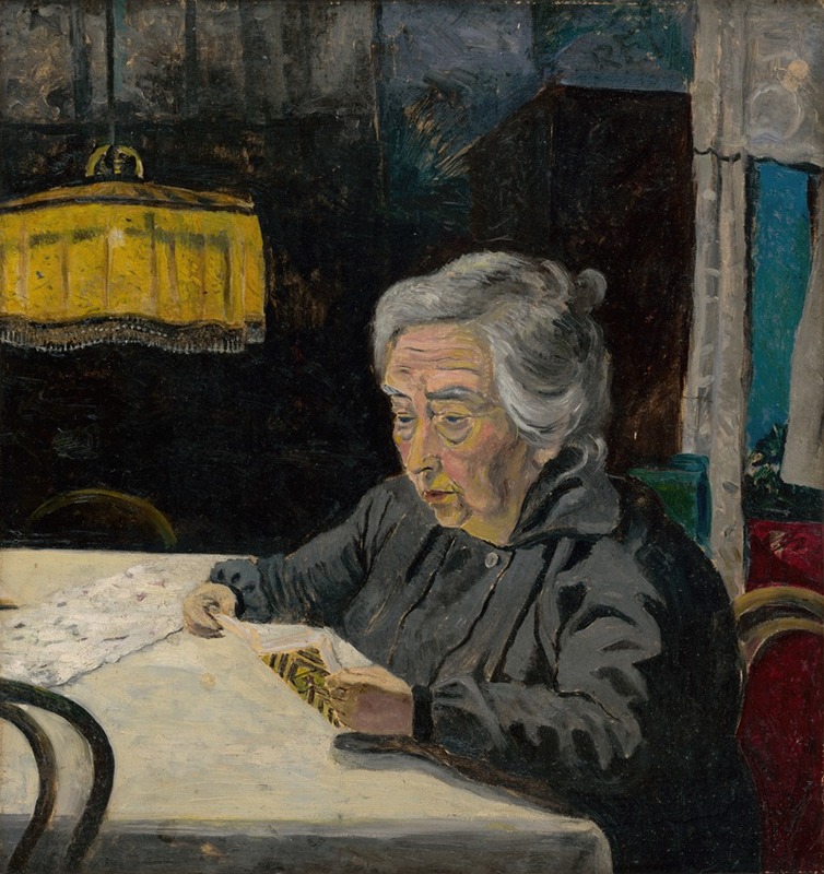 A painting depicting an elderly woman engrossed in reading.