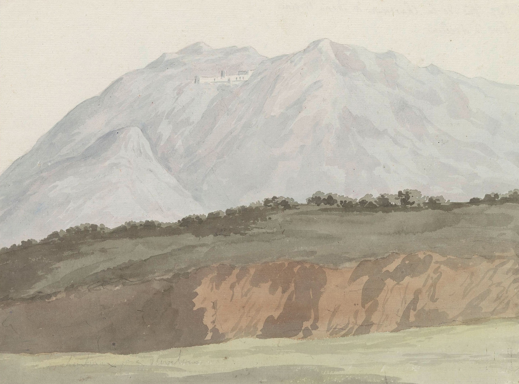 Watercolour by Abraham-Louis-Rodolphe Ducros depicting a monastery in a mountainous landscape