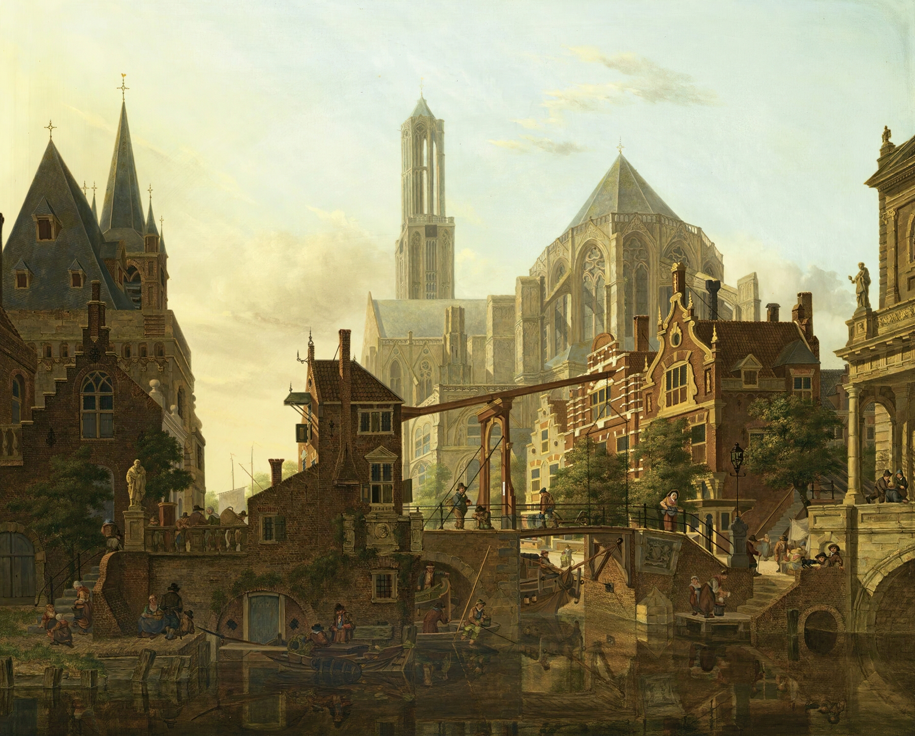 A Lively Townscene, oil on canvas by Jan Hendrik Verheijen, depicting a lively urban street with townsfolk.