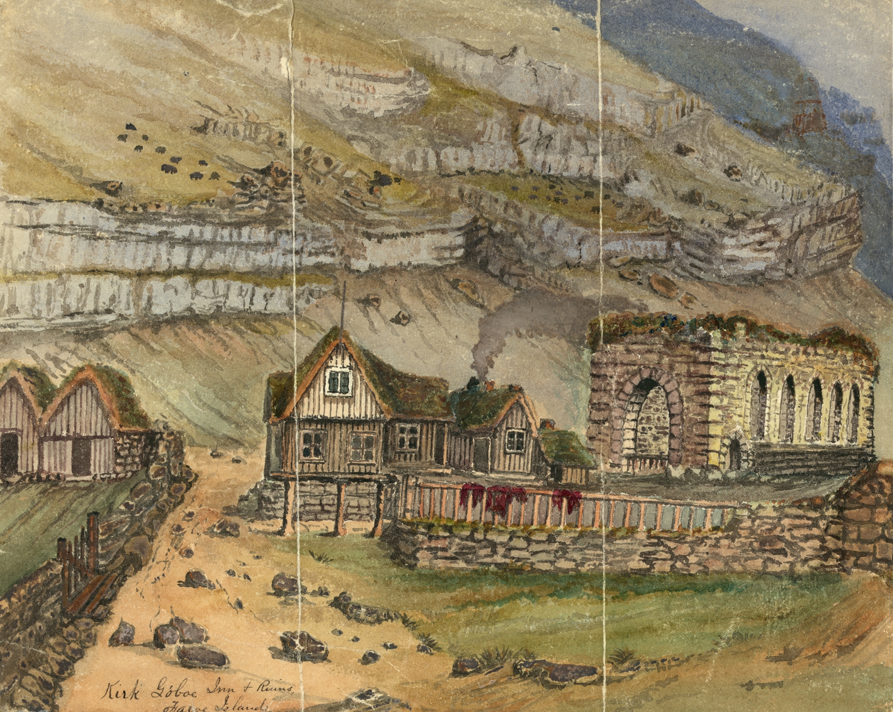 Kirk Gboe Inn & Ruins Faroe Island by Bayard Taylor, oil painting depicting weathered stones and hills.